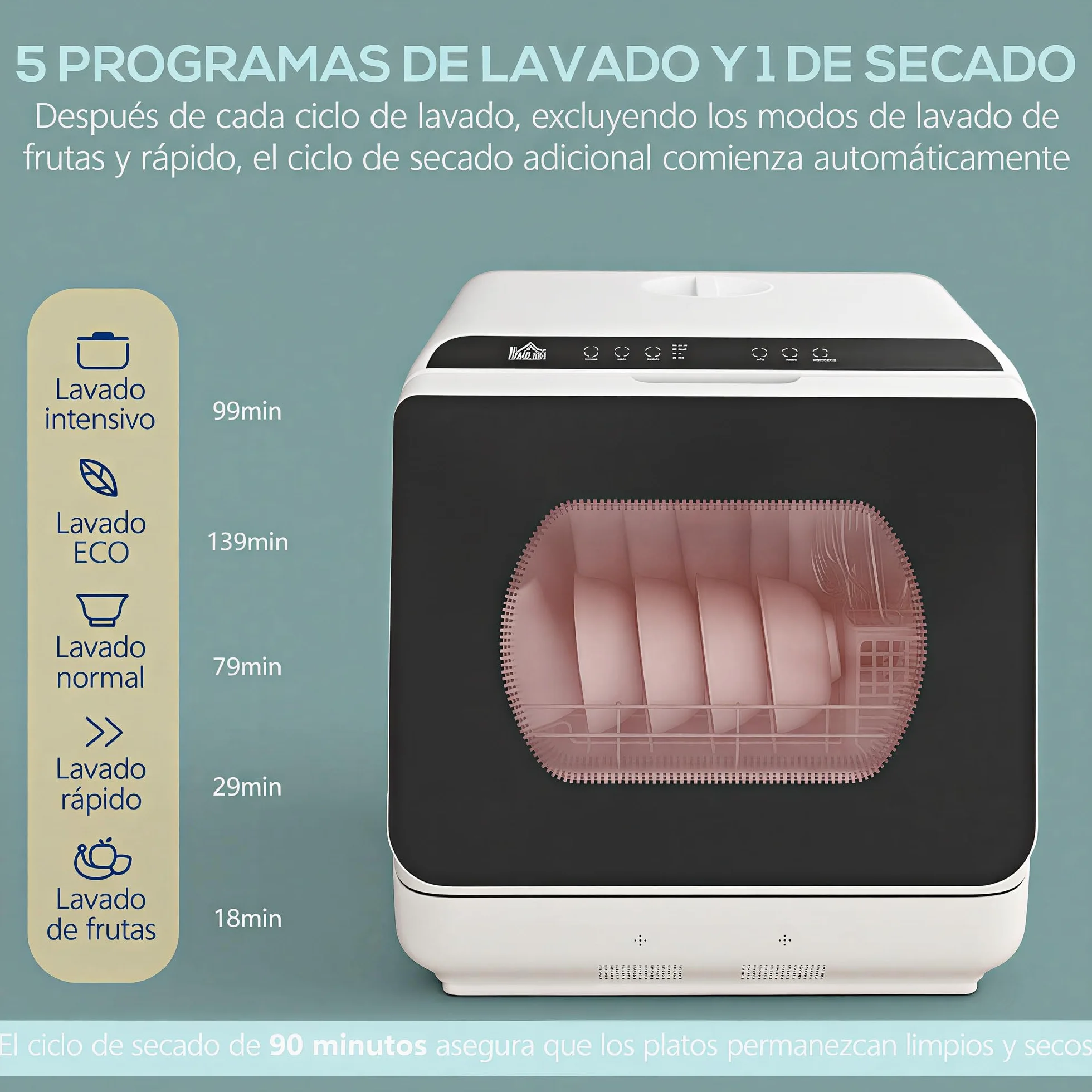 HOMCOM Lavavajillas de Encimera Pequeño con 5+1 Programas, ECO, Depósito de Agua 6L, Dos Modos de Suministro, Pantalla LED para Cocina y Apartamentos