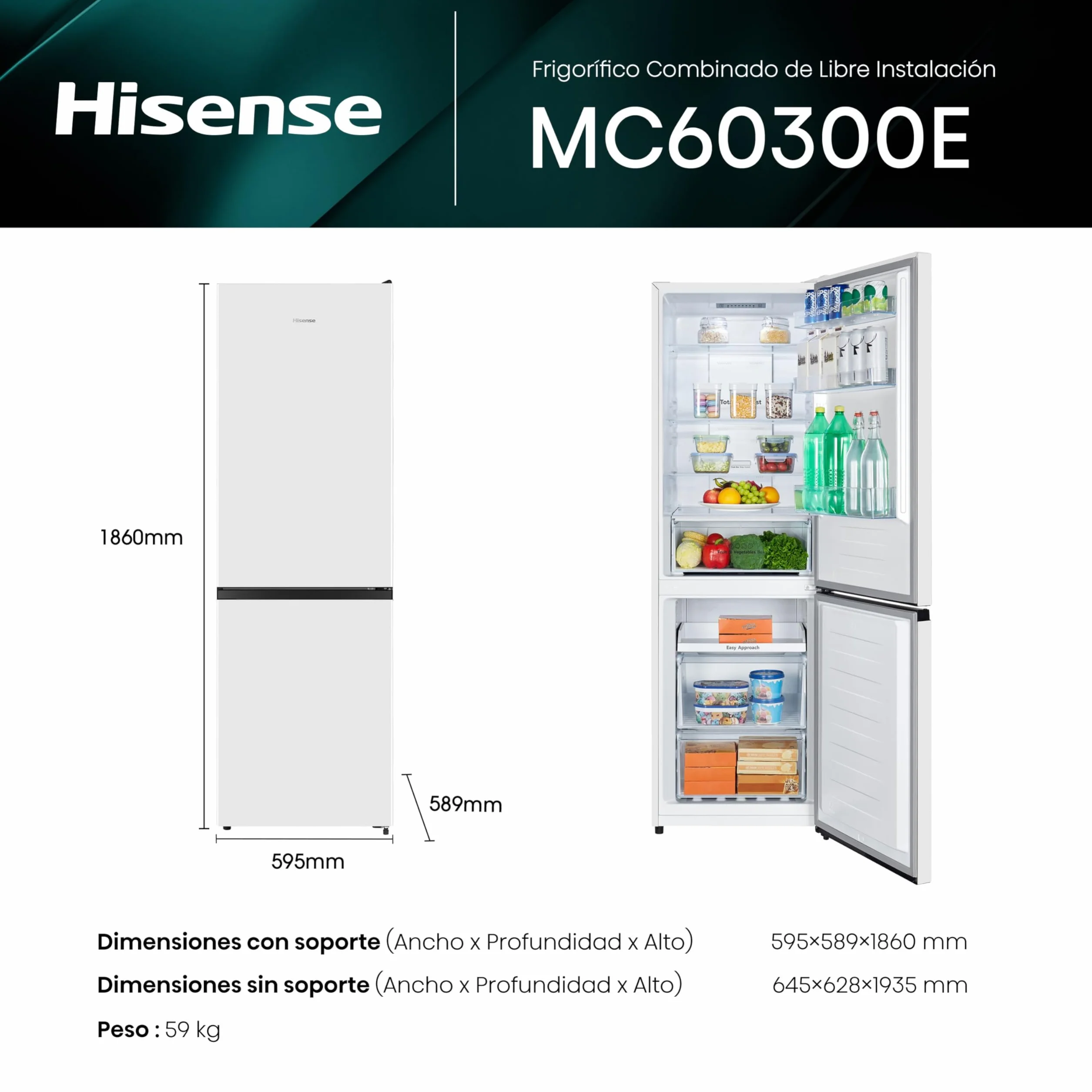 Hisense Frigorífico Combi 304 L Clase E 186 cm 4 Estrellas Congelador Puerta Reversible Blanco