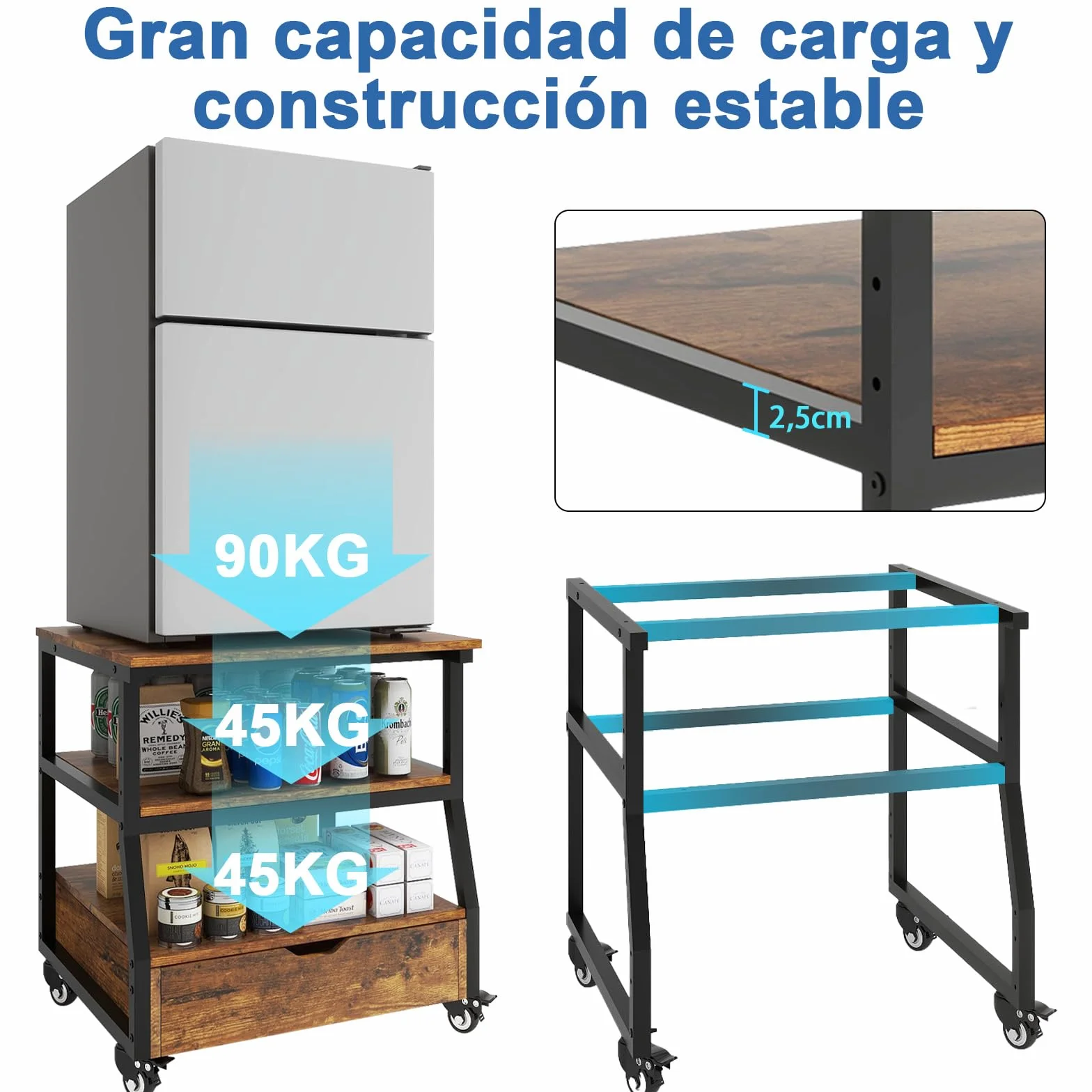 PUNCIA Soporte de 3 Niveles para Mini Nevera Mueble Estante de Frigorífico con Ruedas Organizador Móvil con Cajón Plataforma para Refrigerador Cocina Salón Oficina