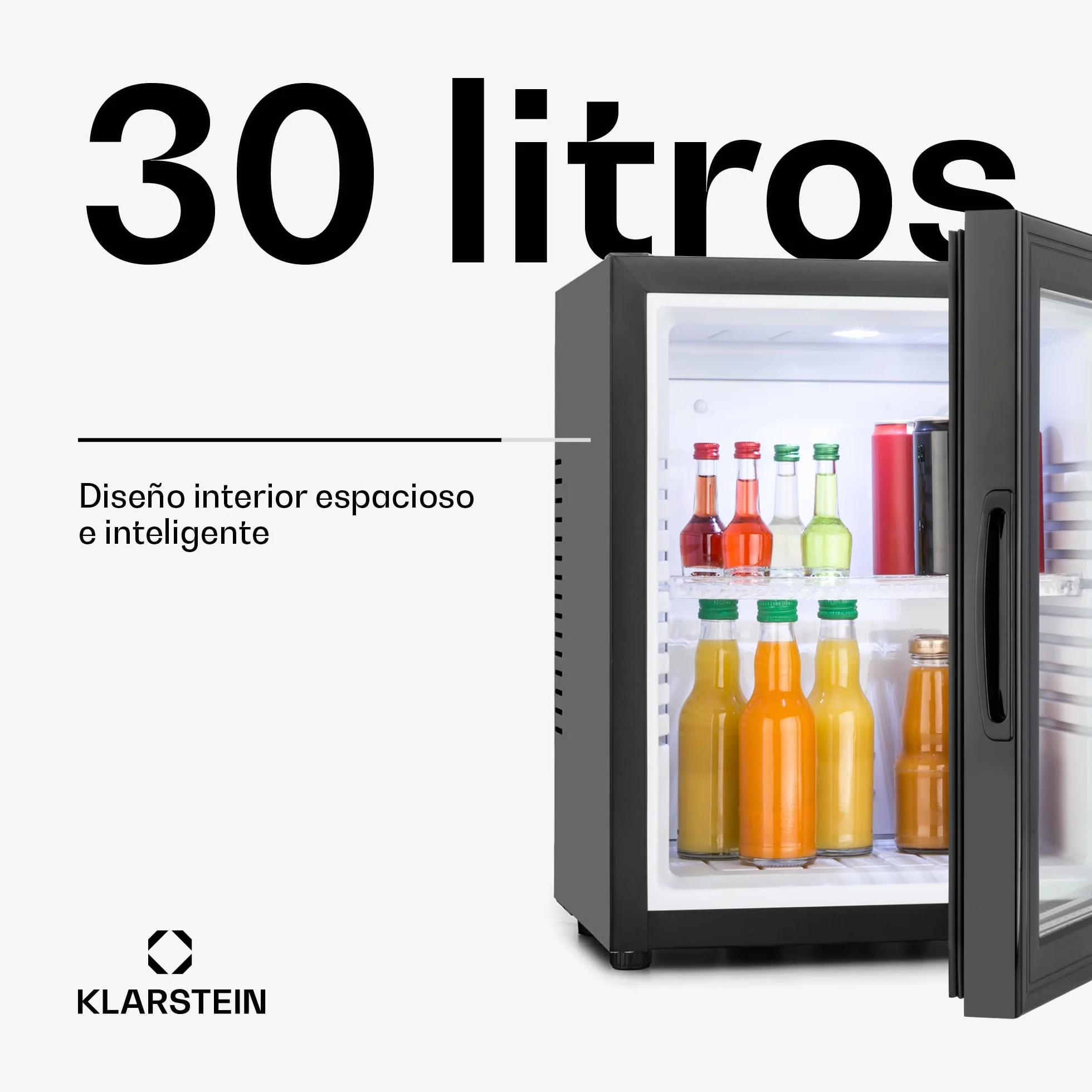 KLARSTEIN Brooklyn Nevera Pequeña Portatil Eléctrica Puerta Cristal, Mini Nevera Silenciosa para Casa y Oficina, Frigorificos Pequeños Refrescos, Cervezas, Estantes Extraíbles, Minibar 12-18°C, 30 l.