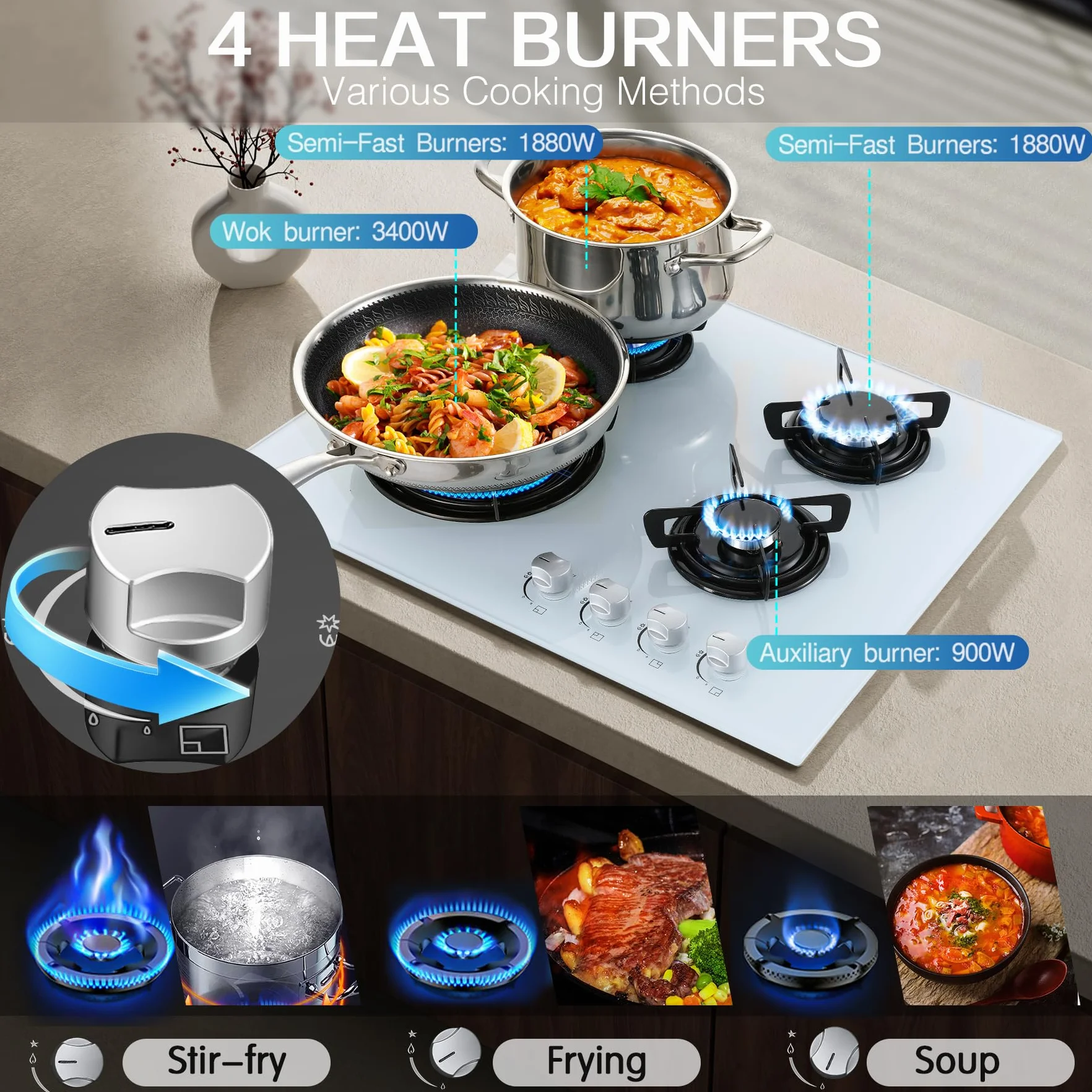TopStrong - Placa de cocina con 4 fuegos de gas, de cristal, empotrable, color blanco, con protección Flame-Out, gas natural/propano, 8060 W, 220-240 V