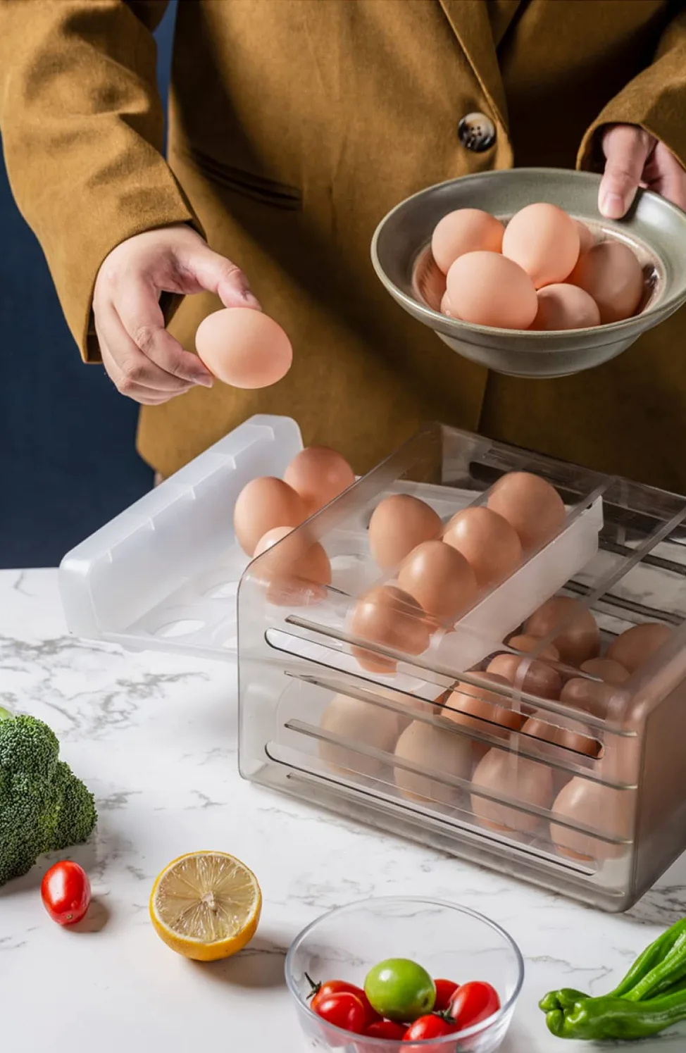 Bandeja de plástico para huevos, Caja de almacenamiento huevos con cajón doble capa, 16/32 rejillas transparentes, 24x21,5x14cm for refrigerador