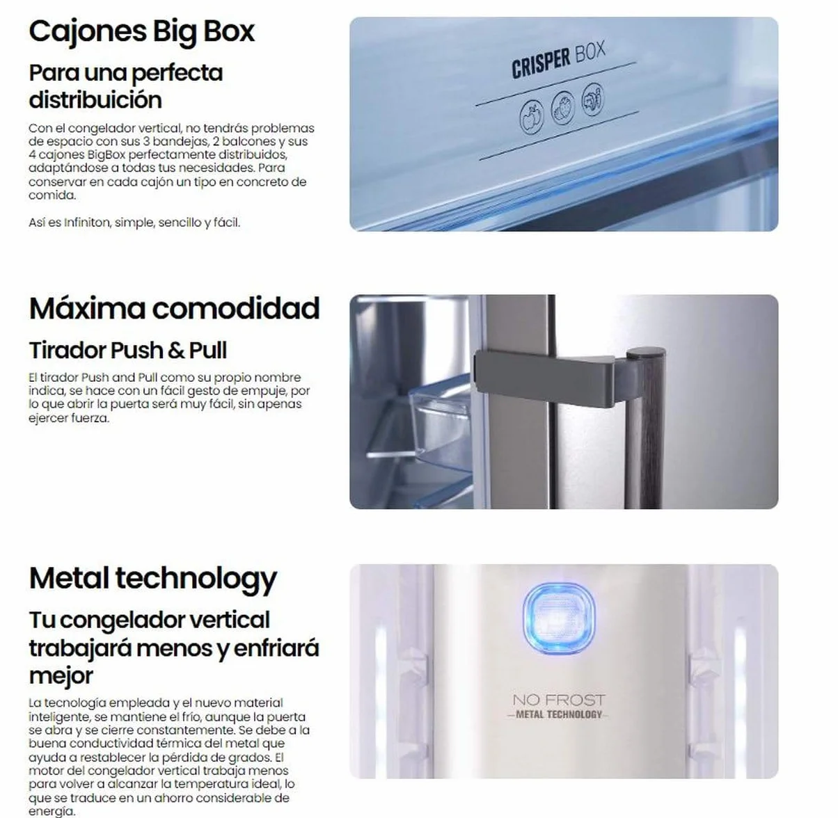 INFINITON Congelador Vertical CV-265L85, 282 Litros, 185 cm, No Frost, E, No Frost Technology, Fast freezing,Alarma óptica y acústica de puerta abierta, Fabricador de hielo (Blanco || CV-265L85WEM)