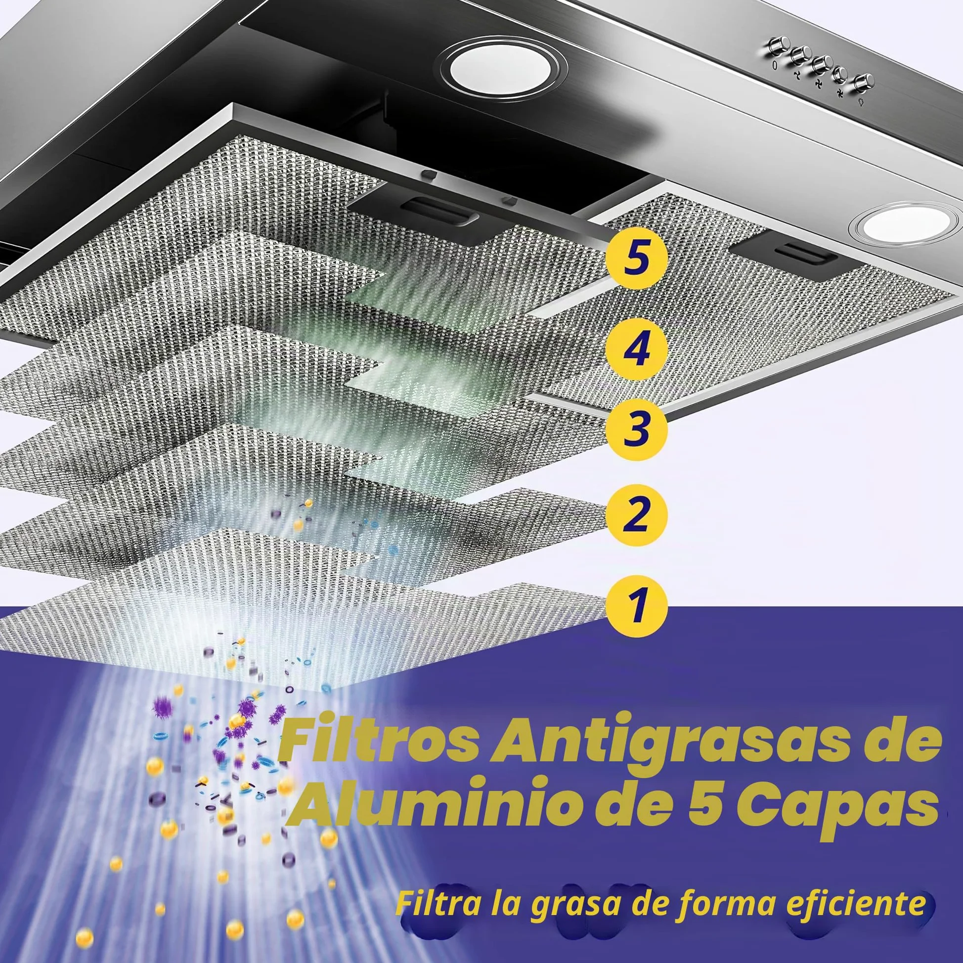 FIREGAS campana extractora 60 cm, con motor sin escobillas, 3 velocidades, 250 m³/h, iluminación LED, filtro de carbón incluido, evacuación y reciclaje, acero inoxidable