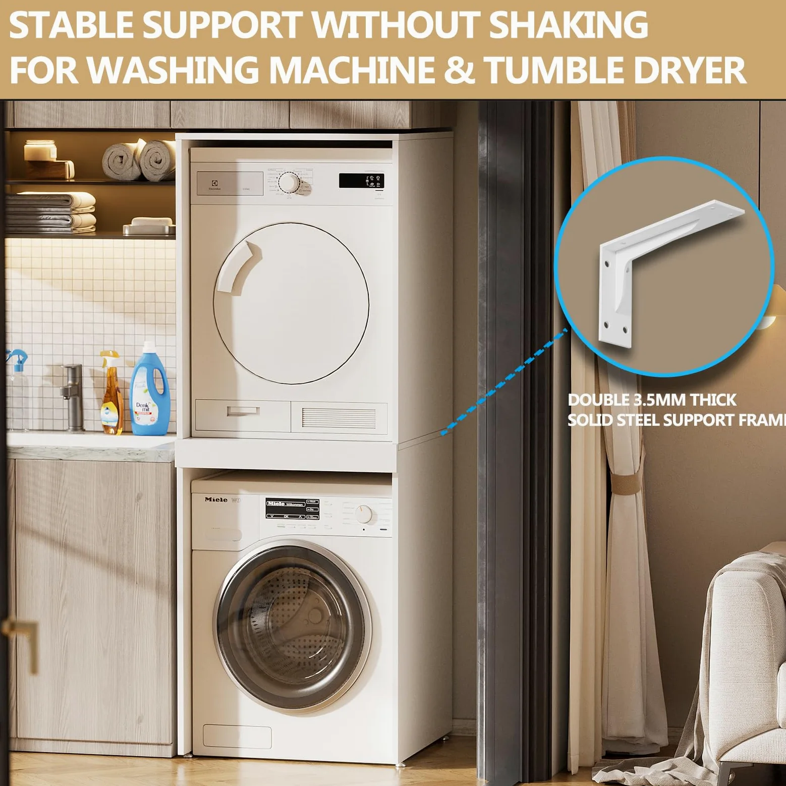 MSFE Mejora Armario para Lavadora y Secadora con tabla extensible, Refuerzo estructural, Mueble Lavadora, 180 x 65 x 66 cm, capacidad de carga 100 kg, Kit de Apilamiento para Lavadoras y Secadoras