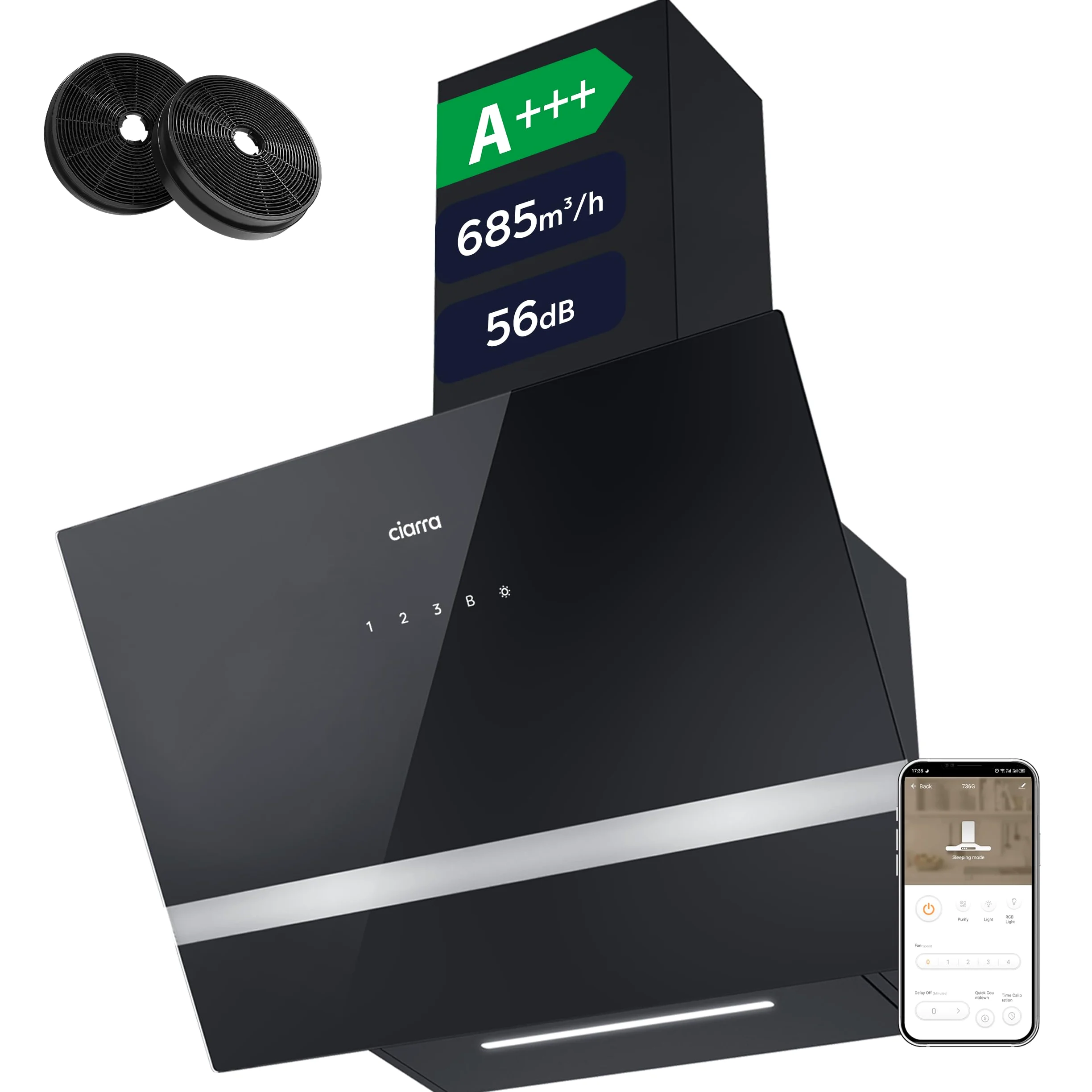 CIARRA CBCB6736H Campana Extractora de Pared 60cm Clase A+++ WIFI | 683m³/h 3 Velocidades Evacuación al Exterior y Recirculación Interna por Filtro de Carbón CBCF003 Luz LED