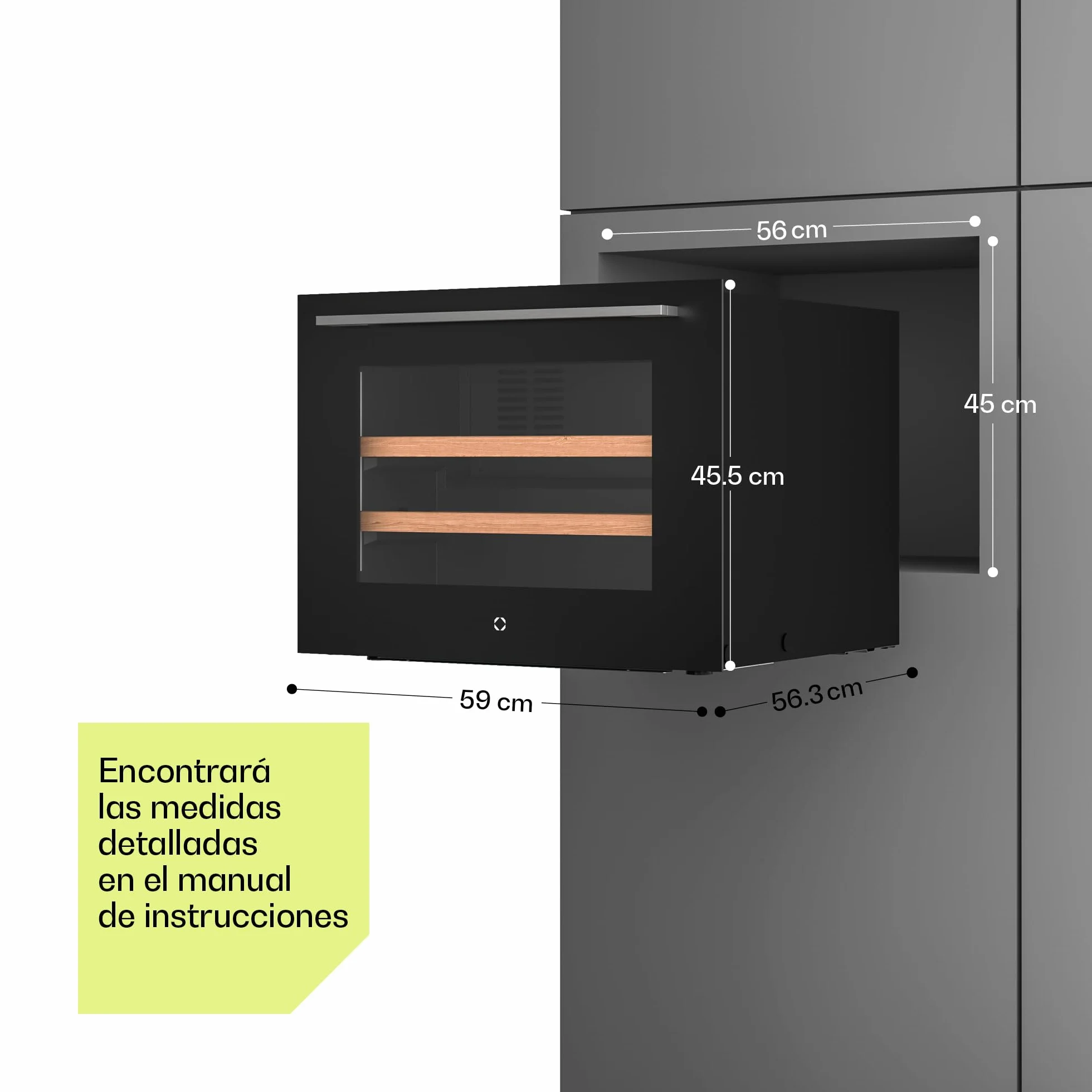 KLARSTEIN Illuminosa Vinoteca Integrable - 19 Botellas, 1 Zona, 5-20°C, LED, Control Táctil, Puerta UV, 3 Estantes Madera, Nevera Vinos Empotrable