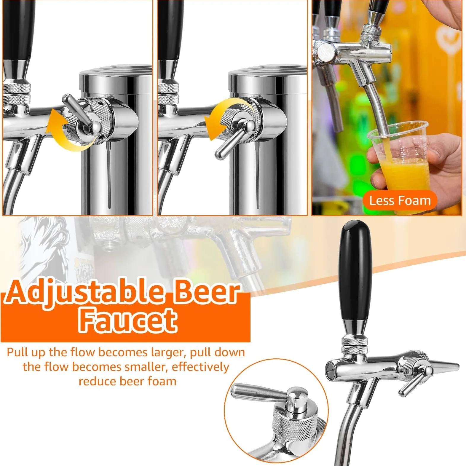 Torre Kegerator ajustable, piezas de Kegerator de un solo grifo | Control de flujo, grifo de cerveza de núcleo de acero inoxidable 304, incluye tubo premontado y resortes de cierre automático