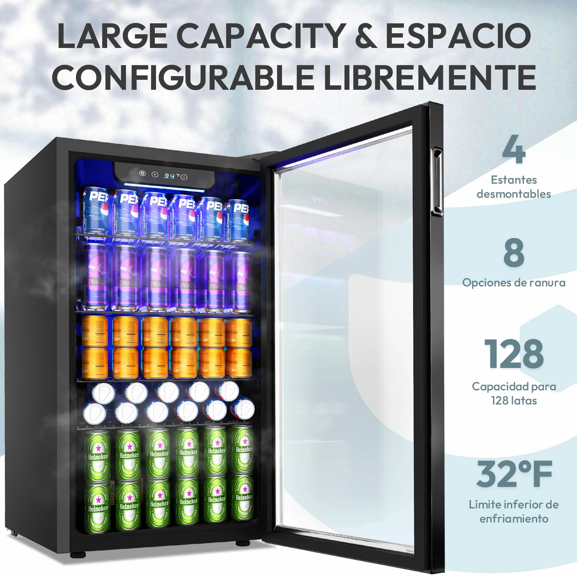 EUHOMY Refrigerador de bebidas, mini nevera para 126 latas con puerta de cristal, nevera pequeña con estantes ajustables para limonada, cerveza o vino, para el hogar/bar/oficina,