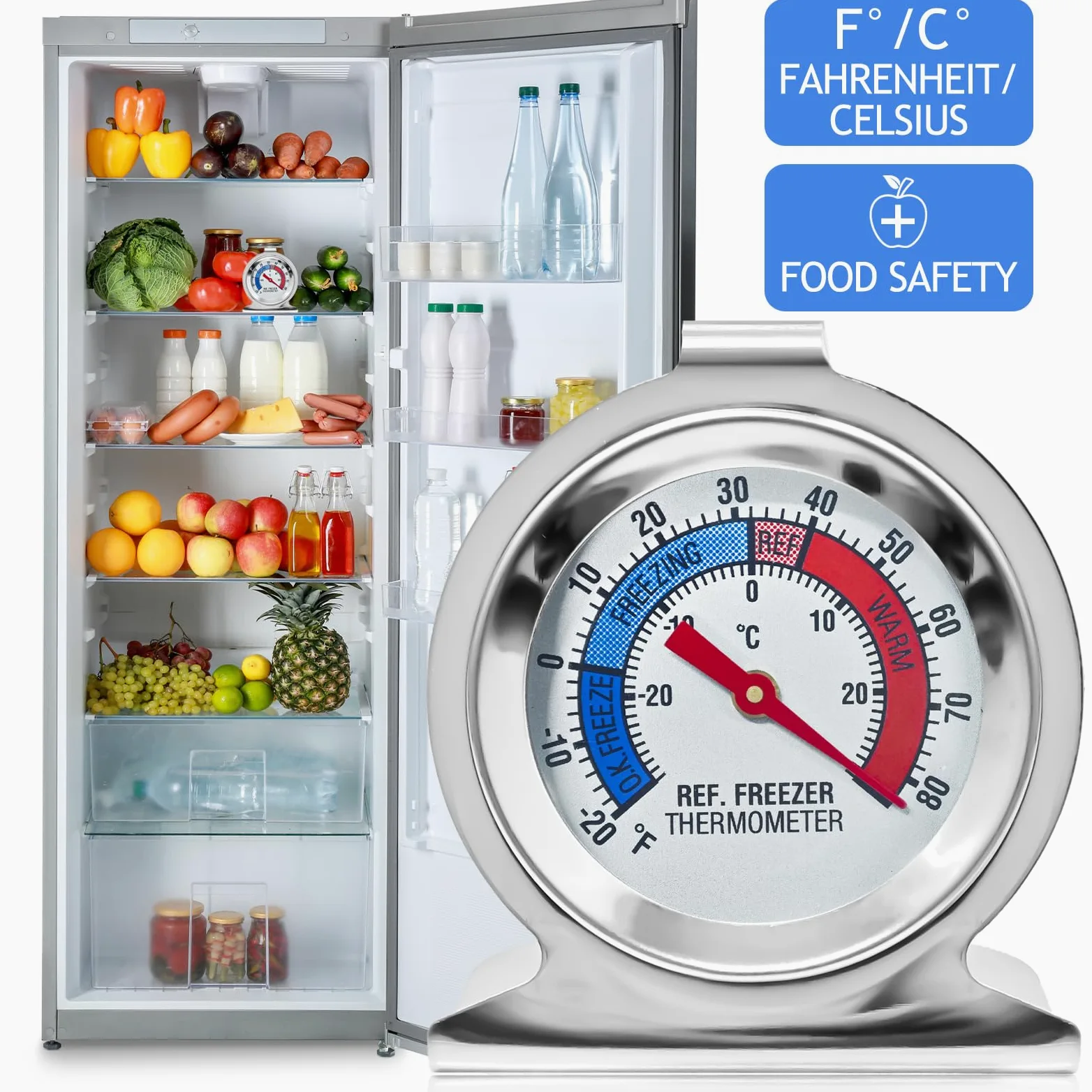 Paquete de 12 termómetros para refrigerador y congelador, esfera grande, termómetro de nevera con doble escala -30 ~ 30 °C/-20 ~ 26.7 °C para congelador y refrigerador