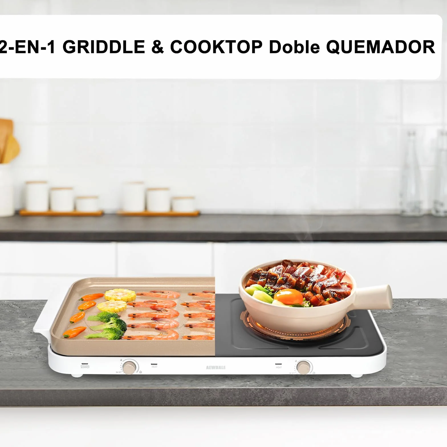 AEWHALE Cocina Eléctrica Portátil doble 2000 W,15.24 Cm de Diámetro, con Una Placa de Cerámica Antiadherente Extraíble y 5 Niveles de Regulación de Temperatura