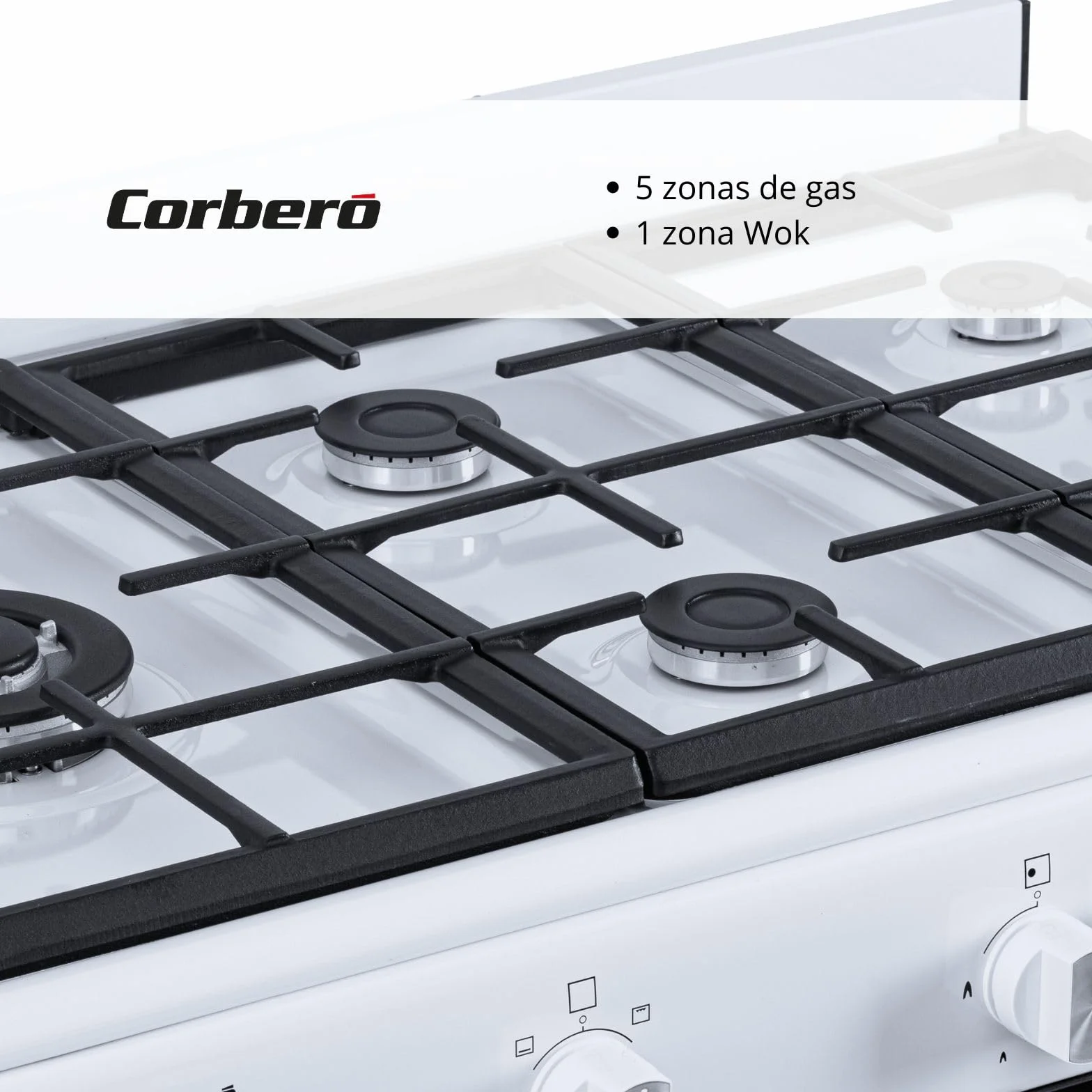 Corberó - Cocina de Gas Butano 5 fuegos | CCSF5GB922W |80x90x60| Horno 60L | Wok a la Izquierda | Encendido Manual | Cajón Calientaplatos | Bandeja y Parrilla Extra Gruesa | Con tapa | Blanco