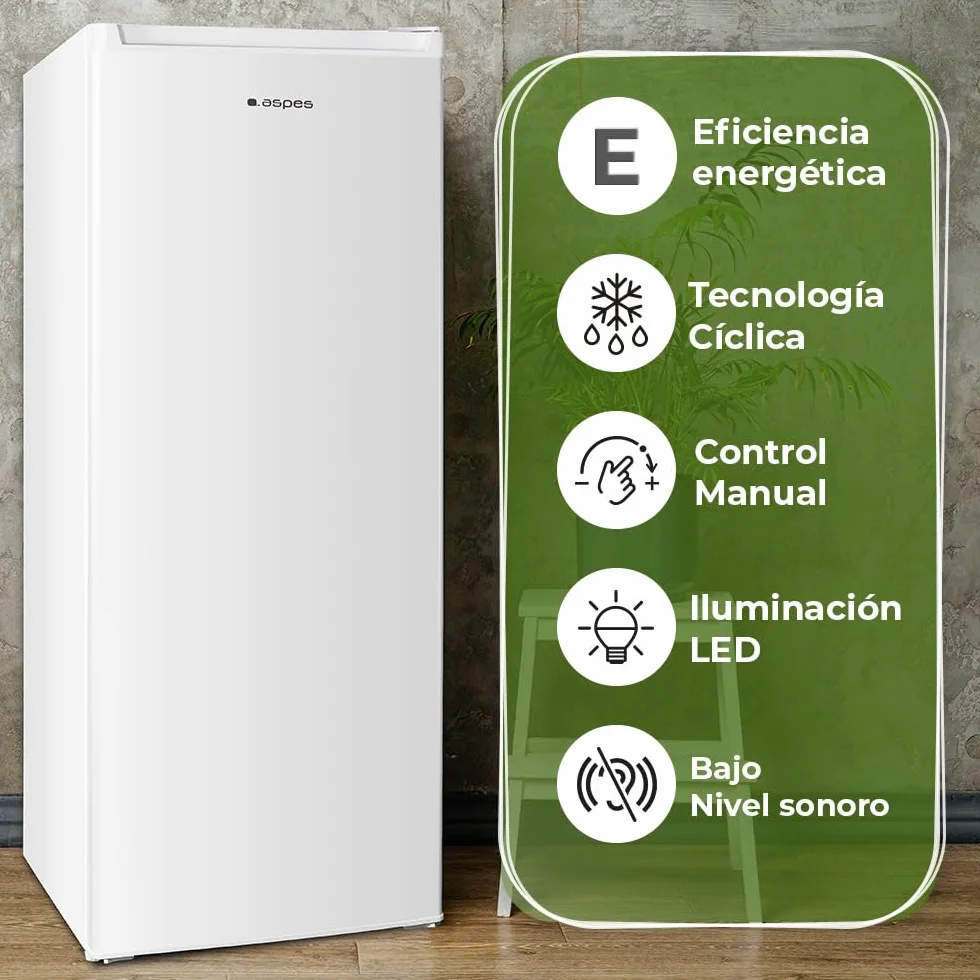 Aspes Frigorífico Refrigerador Blanco AR145501E. Capacidad 242 Litros, Puerta Reversible, Bajo Nivel Sonoro, Eficiencia Energética Clase E