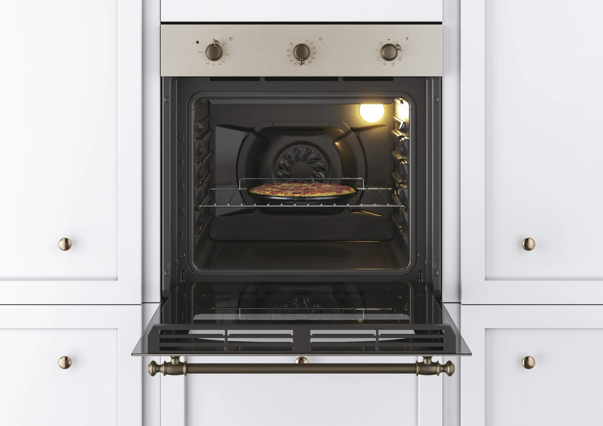 Candy FCC603NAV - Horno eléctrico empotrable, ventilado, capacidad 65 litros, multifunción y función pizza, 8 programas, 56,8 x 59,5 x 59,5 cm, estilo rústico, avena, clase A+