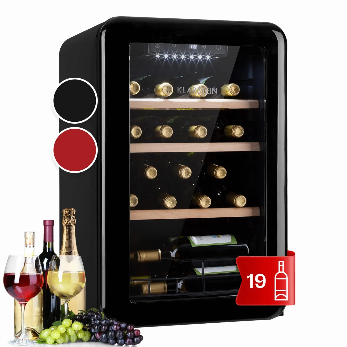 KLARSTEIN Vinoteca 19 Botellas, Nevera Vinos, Una Zona de Refrigeración, Nevera Expositora Vino y Cerveza, Vinoteca Interior y Exterior con Puerta de Cristal, Nevera Vino con Protección UV, 4-22°C