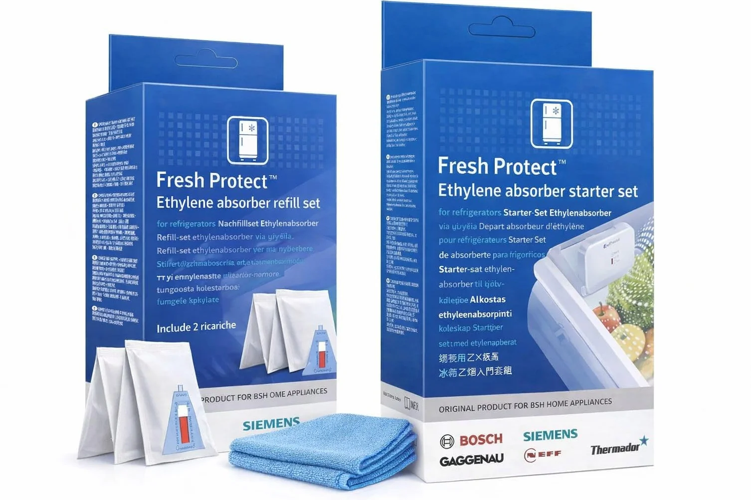 Kit de arranque Fresh Protect con recarga y paño de microfibra – Filtro absorbente de gas etileno para frutas y verduras – Mantiene frescor en el frigorífico compatible con Bosch, Siemens Neff