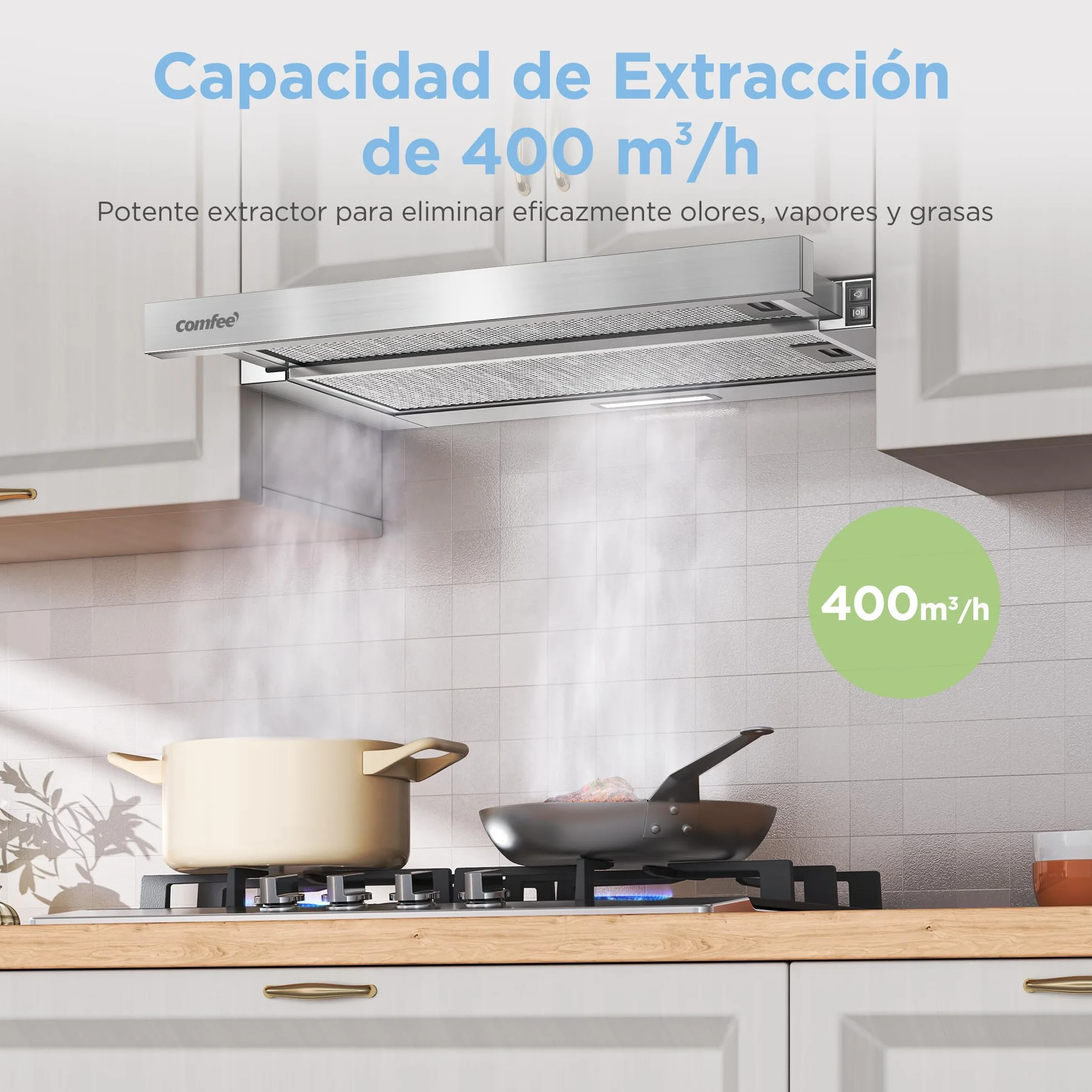 COMFEE' CHL03M21S Campana Extractora Telescópica Plana 60 cm, Clase A+, 400 m³/h, Plateado