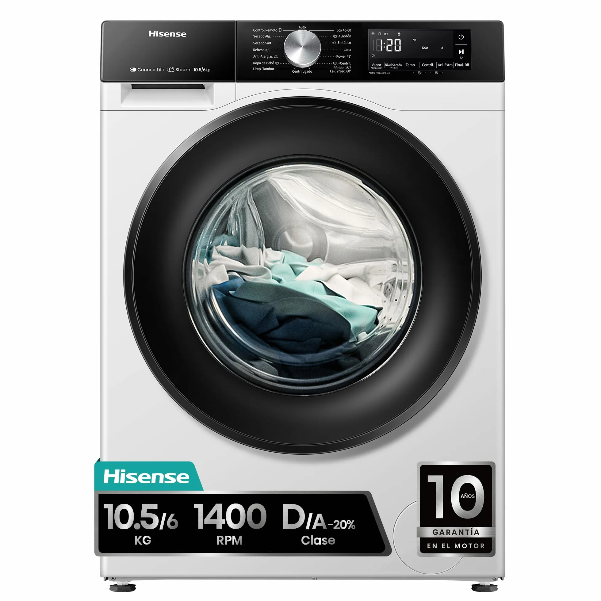 Hisense WD3S1043BW3 - Lavadora Secadora 2 en 1 con Vapor,Clase D/A, Carga Frontal 10.5 kg Lavado, Secadora 6 kg, Conectividad WiFi, Programación Asistida, Monitor de Consumo, Serie 3S, Blanco