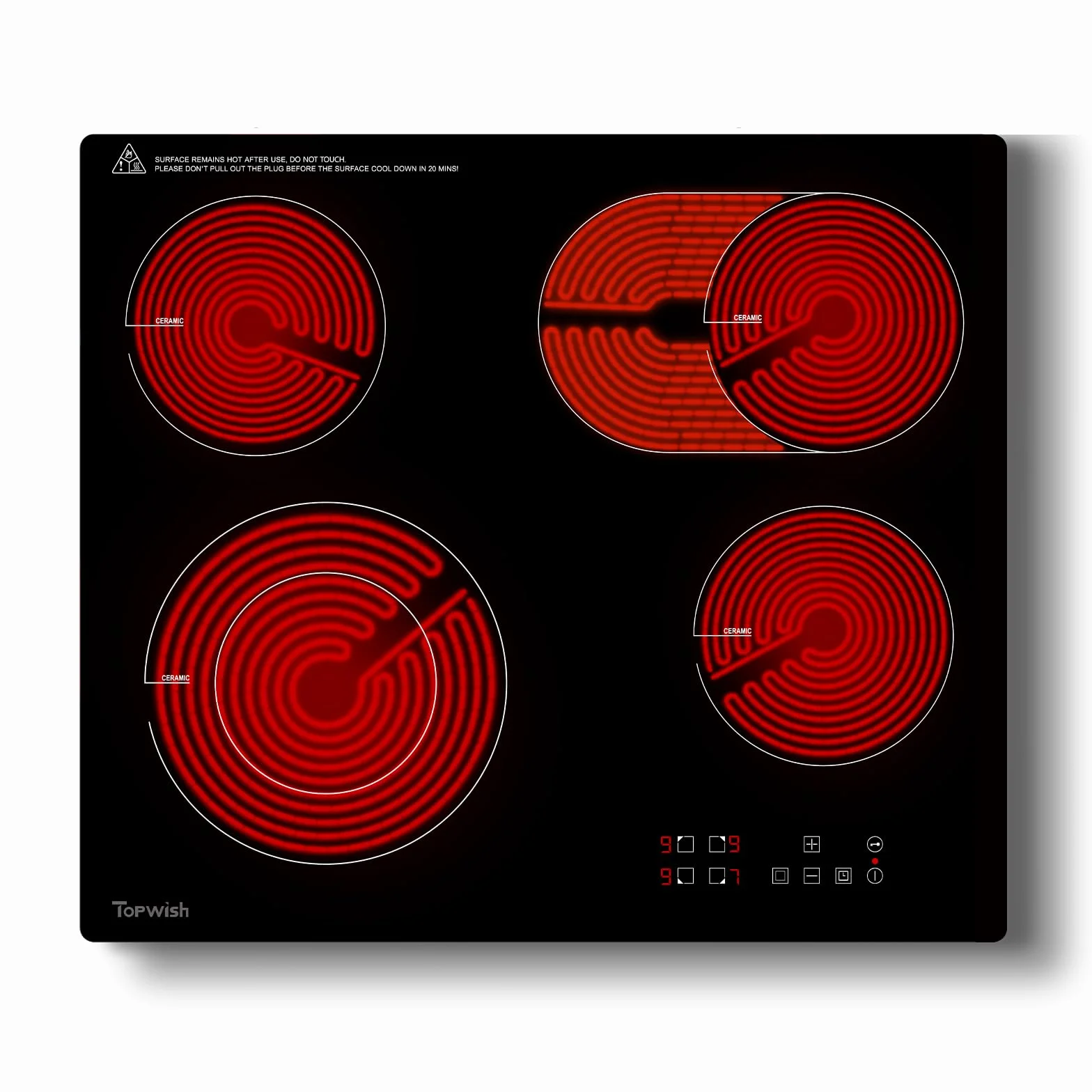Topwish placa vitrocerámica 4 fuegos 60cm 6600W encastrable con zonas dobles y ovaladas