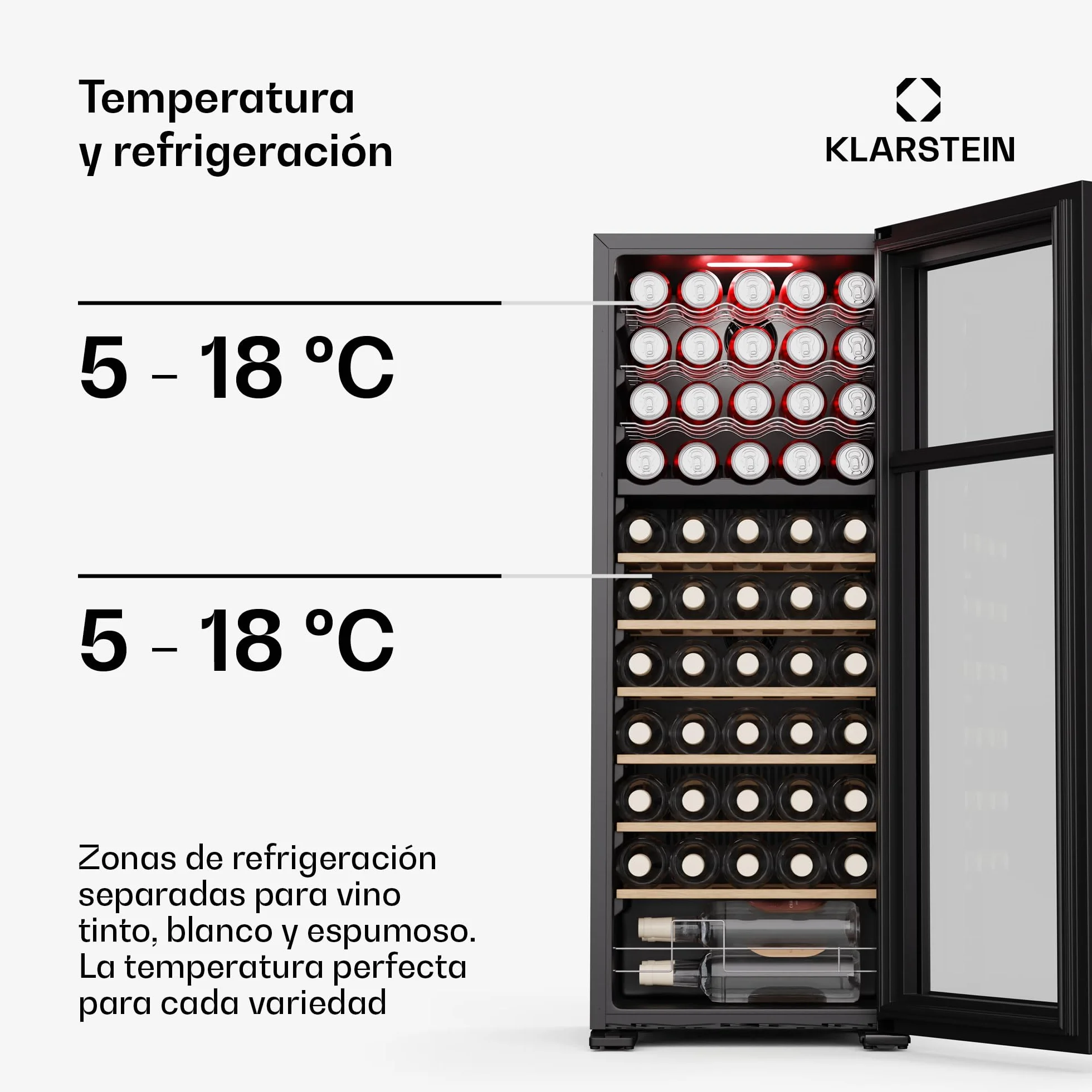 Klarstein Bovella 55 duo+ vinoteca - 55 botellas, 2 zonas, 5-18°c, control táctil, iluminación led, protección uv, independiente, nevera vinos