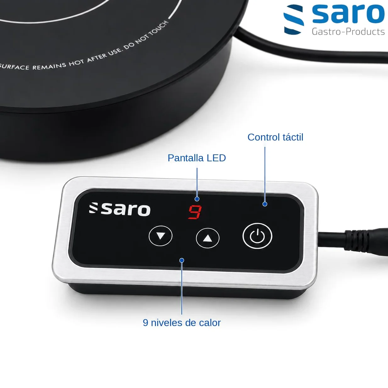 SARO EVA Placa de inducción empotrable, para ollas de hasta 200 mm Ø, pantalla táctil, 9 niveles de calor, indicador LED, temperatura 60-100 °C, 1 kW