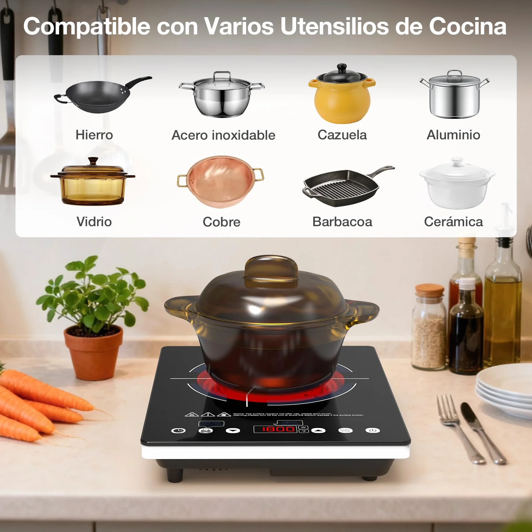 Placa Vitrocerámica 1 Fuego 2000W: Hornillo Eléctrico Portátil con 10 Niveles de Potencia y Temperatura, Temporizador, Compatible con Todas las Ollas, ideal para camping, cocina y oficina
