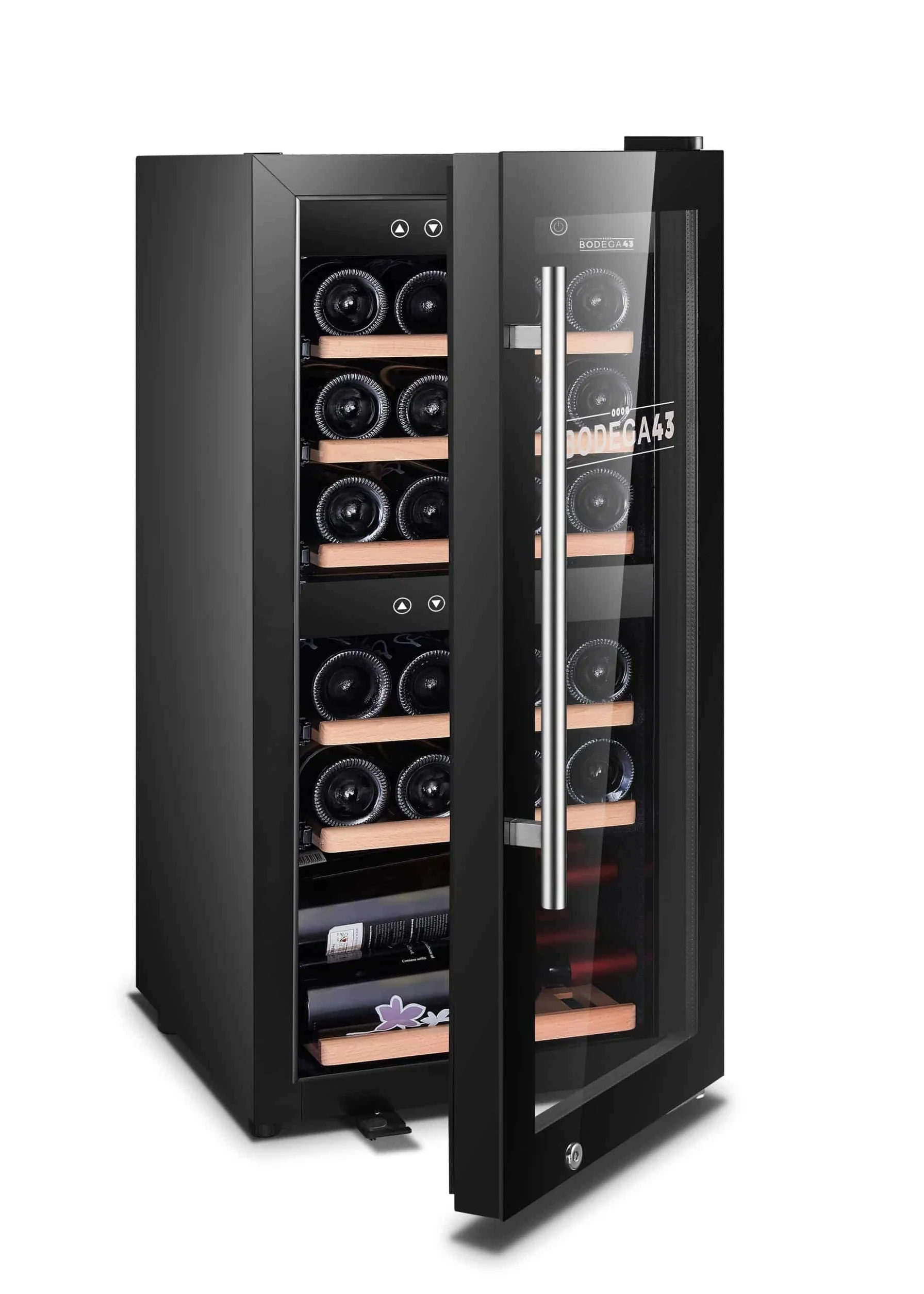 BODEGA43-24 Vinoteca - Vinotce 2 temperaturas, 5-20 ºC, 80 litros, Vinoteca 24 botellas, 6 estantes, puerta de cristal de diseño con panel táctil, bajo ruido (43 dB) y baja vibración, en negro