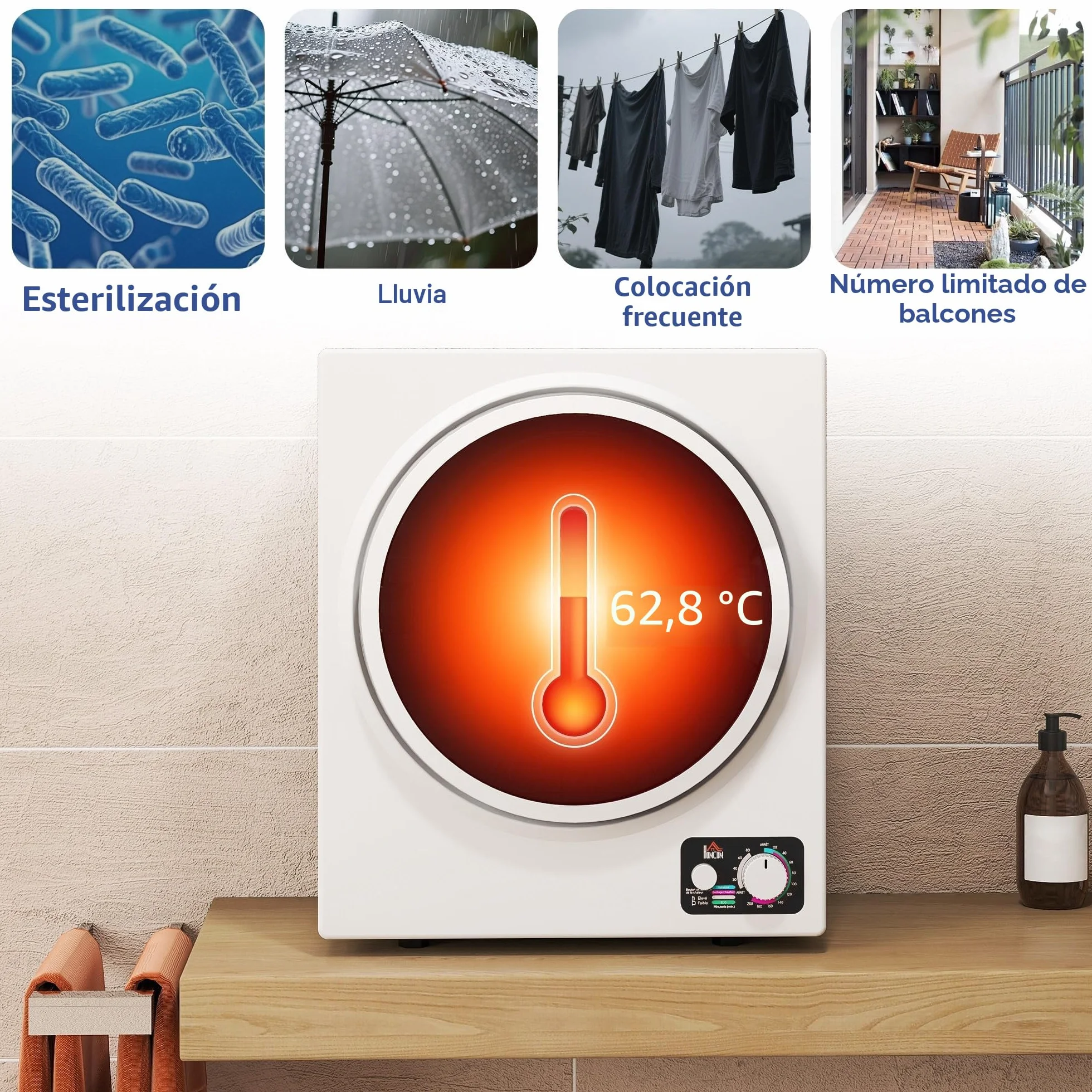 HOMCOM Secadora portátil con tubo de evacuación, secadora eléctrica 850 W, 4 Kg, 4 modos de secado, 2 niveles de calentamiento, tambor de acero inoxidable, instalación en pared, para apartamento