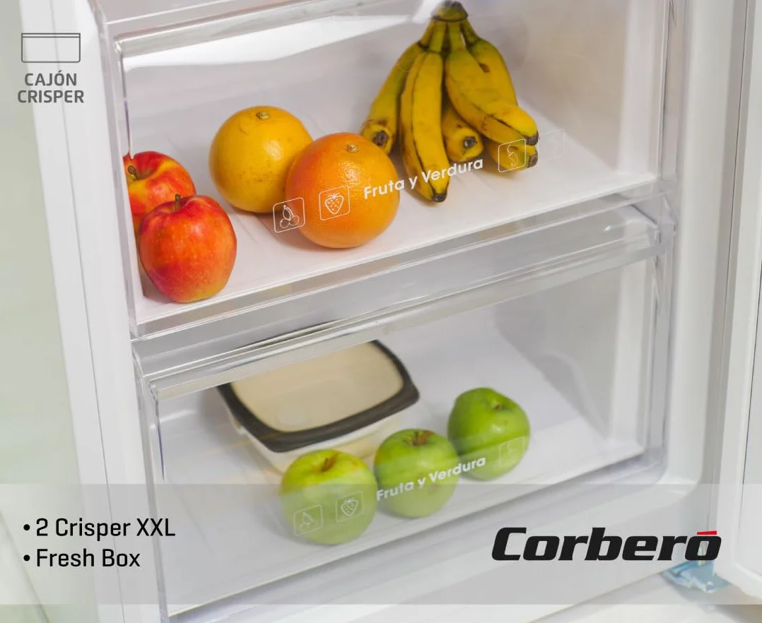 Corberó - Frigorífico 1 Puerta | CCLH18524NFW | 65x59,5x185 | Capacidad 359L | No Frost | Display en Puerta | Luz LED | 2 Crisper XXL | Fresh Box | 4 Botelleros | Tirador Easy Open | 40 Db | Inox
