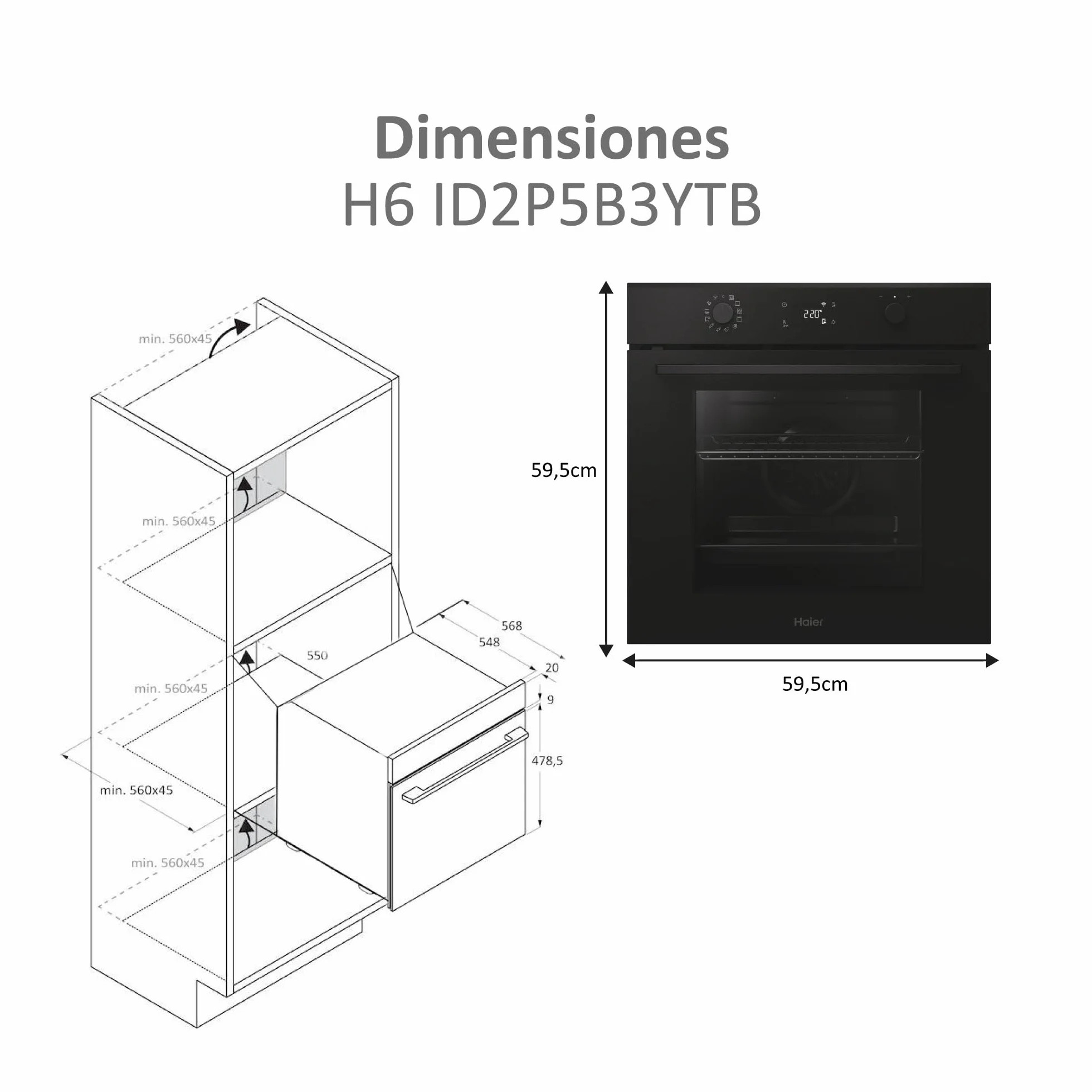 Haier ID Series 2 H6 ID2P5B3YTB - Horno Multifunción Pirolítico e Hidrolítico, Conectividad WIFI, 78L, Cocción multinivel, 12 Funciones, Display táctil y Mandos giratorios, Guía Telescópica, Negro