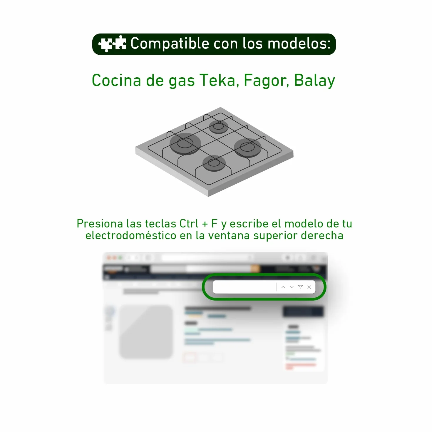 Conjunto 4 quemadores/fuegos con base compatible con cocina de gas Teka, Fagor, Balay