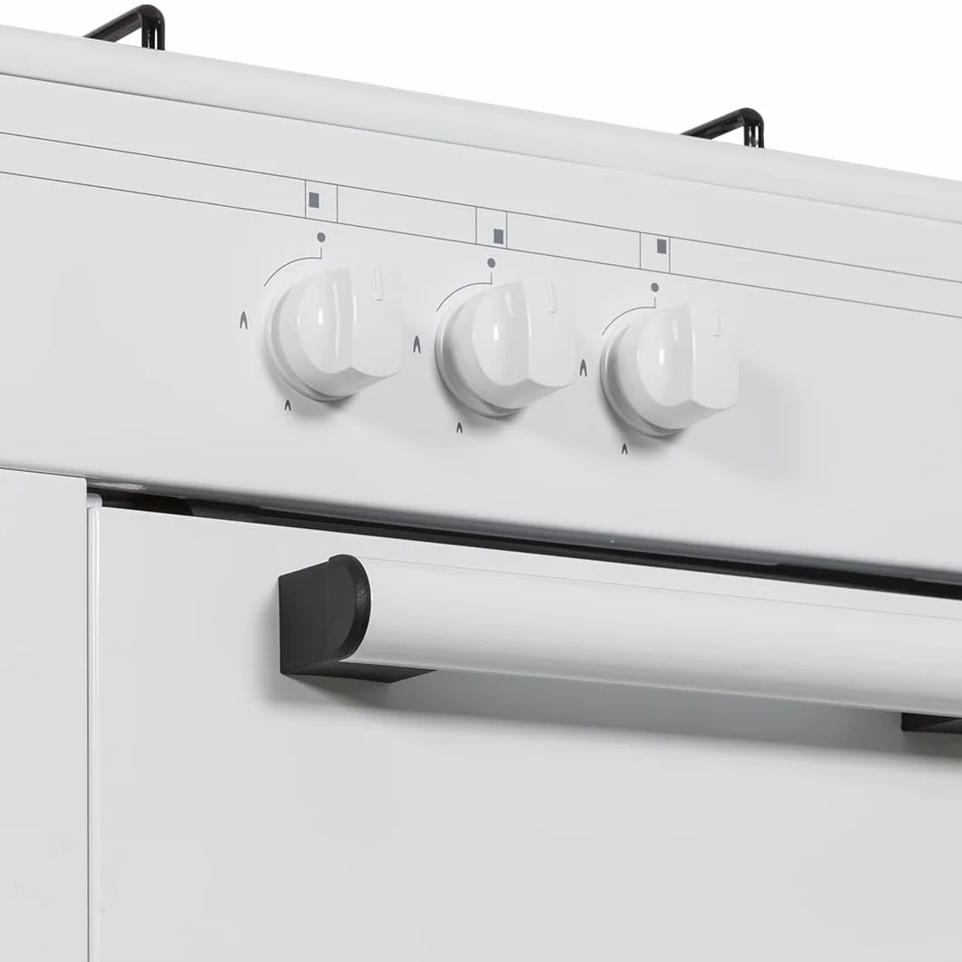 Aspes Cocina Gas Butano 3 Zonas de Cocción, Blanco AKG3500PB. Control Manual, Quemador WOK triple llama, Compartimento Bombona, Tapa Abatible