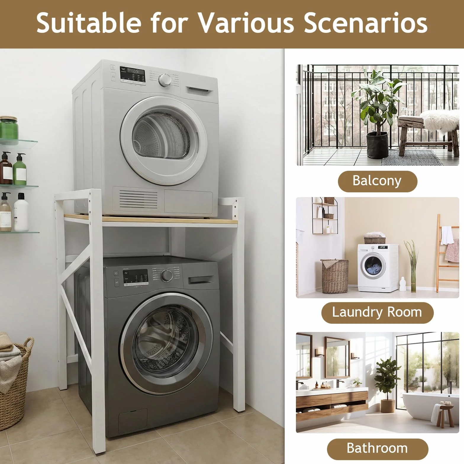 Kit de apilamiento de soporte para lavadora y secadora, armario de lavadora ajustable de 3 alturas, ahorro de espacio sobre lavadora y secadora con encimera para baños, lavandería