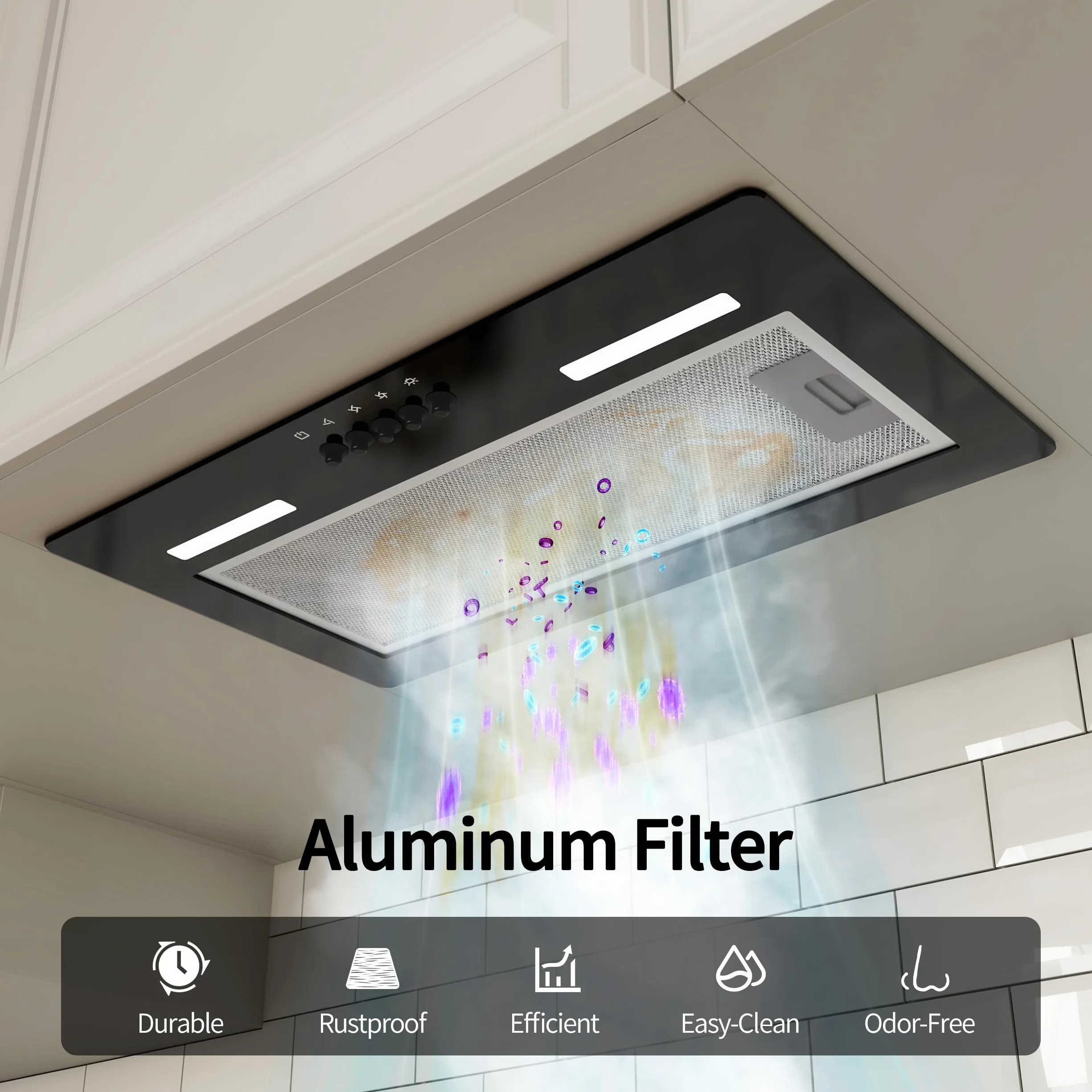FIREGAS Campana Extractora Incorporada 52 cm,Campana de Cocina Negra con 3 Niveles de Potencia, 350 m³/h, Modo de Circulación de Aire, Filtro de Aluminio y Carbón