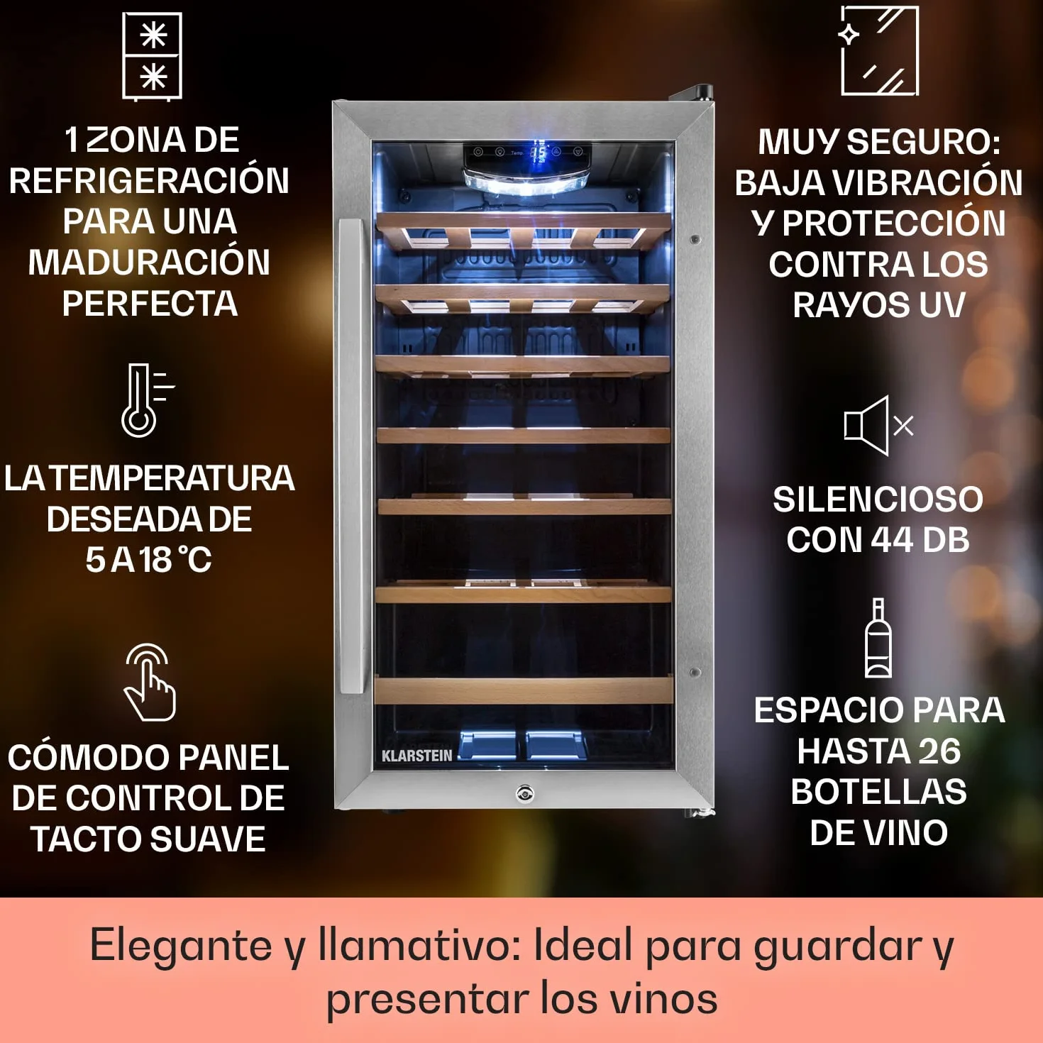 Klarstein Vinoteca 26 Botellas, Nevera Vinos, Una Zona de Refrigeración, Nevera Expositora Vino y Cerveza, Vinoteca Interior y Exterior con Puerta de Cristal, Nevera Vino con Protección UV, 5-18°C