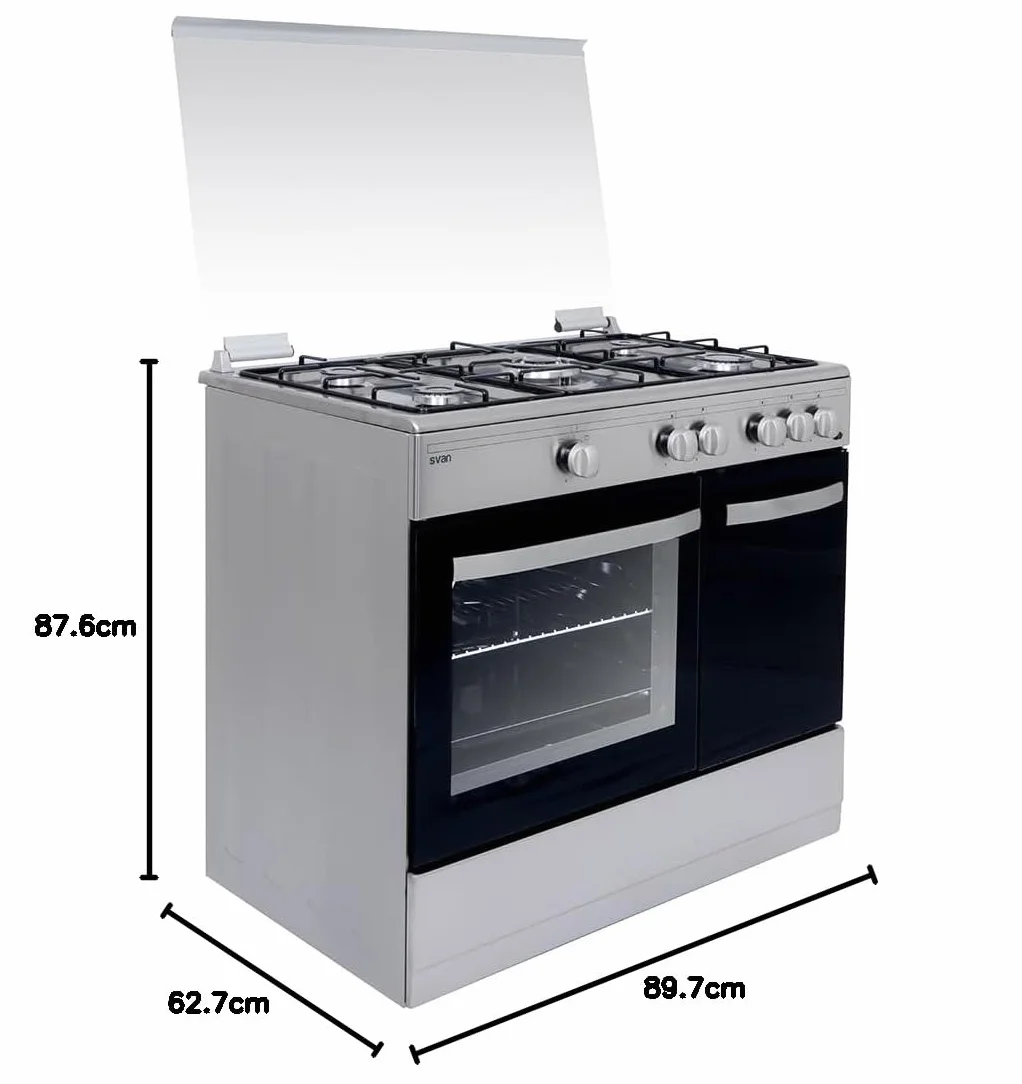 Svan Cocina Gas Butano 5 Zonas de Cocción, Horno 59 L, Inox SKGW5901PBX. Control Manual, Quemador WOK triple llama, 2 Programas de Cocción, Compartimento Bombona, Cristal en Puerta de Doble Capa