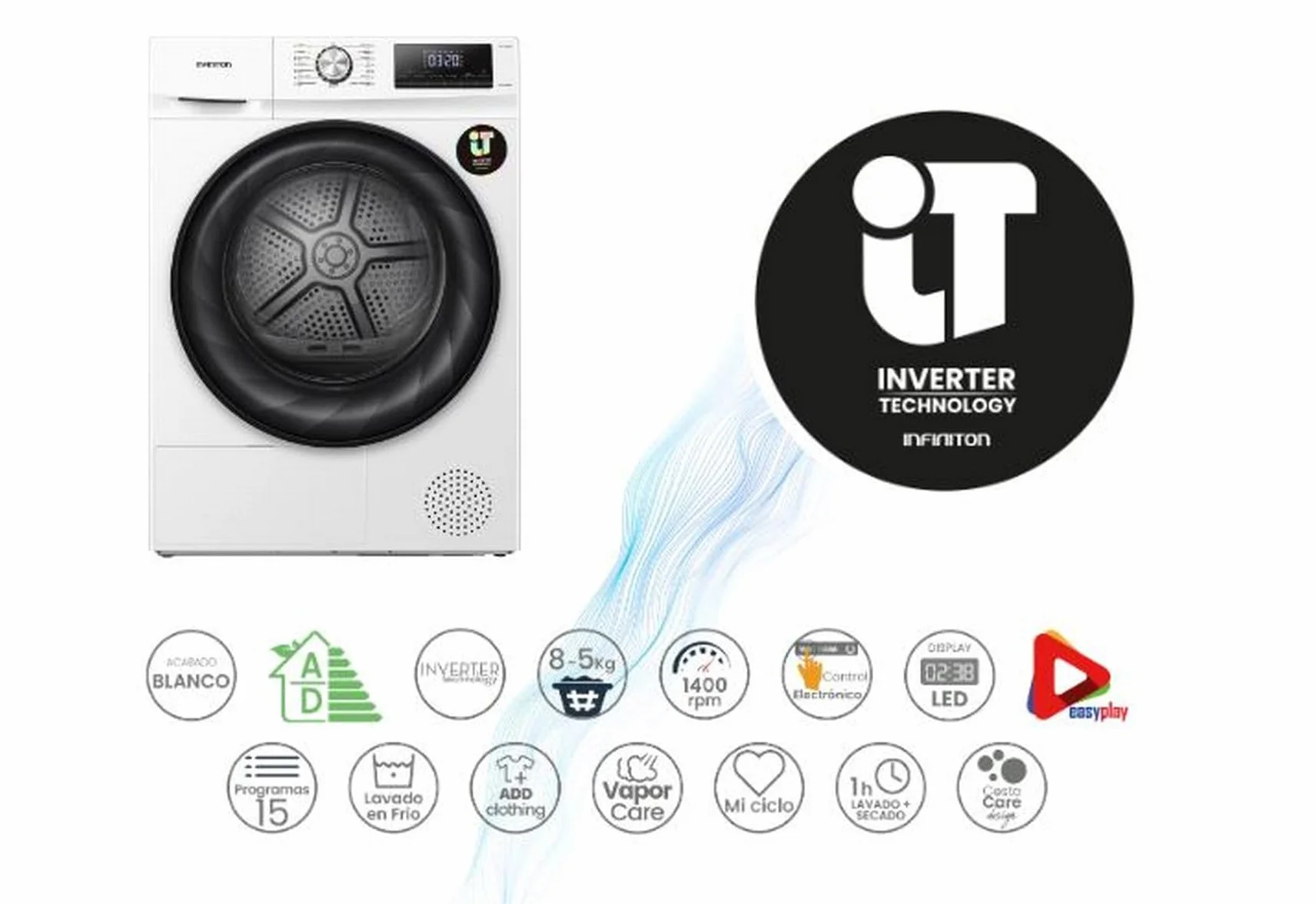 INFINITON Lavaseca WSD-Y8A5D4WD 8 kg 5 kg 85 cm 15 Programas Inverter Vapor Care Add Clothing Blanco