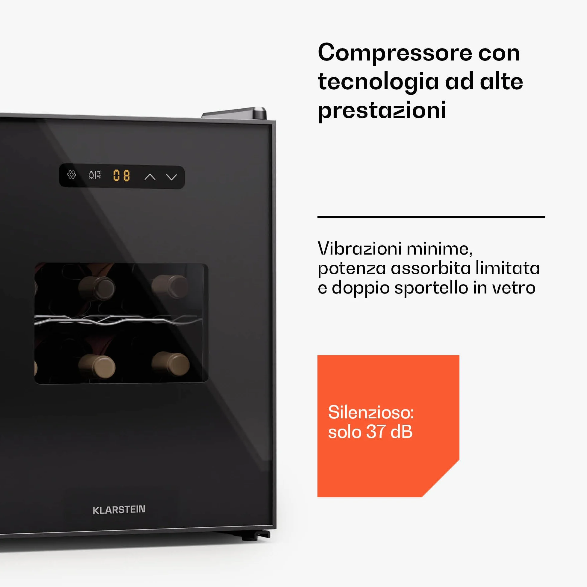KLARSTEIN Nevera para vino independiente 1 zona, Nevera para bebidas pequeña, Nevera para vino pequeña, con puerta de cristal, Nevera para botellas interior/exterior, 12 botellas