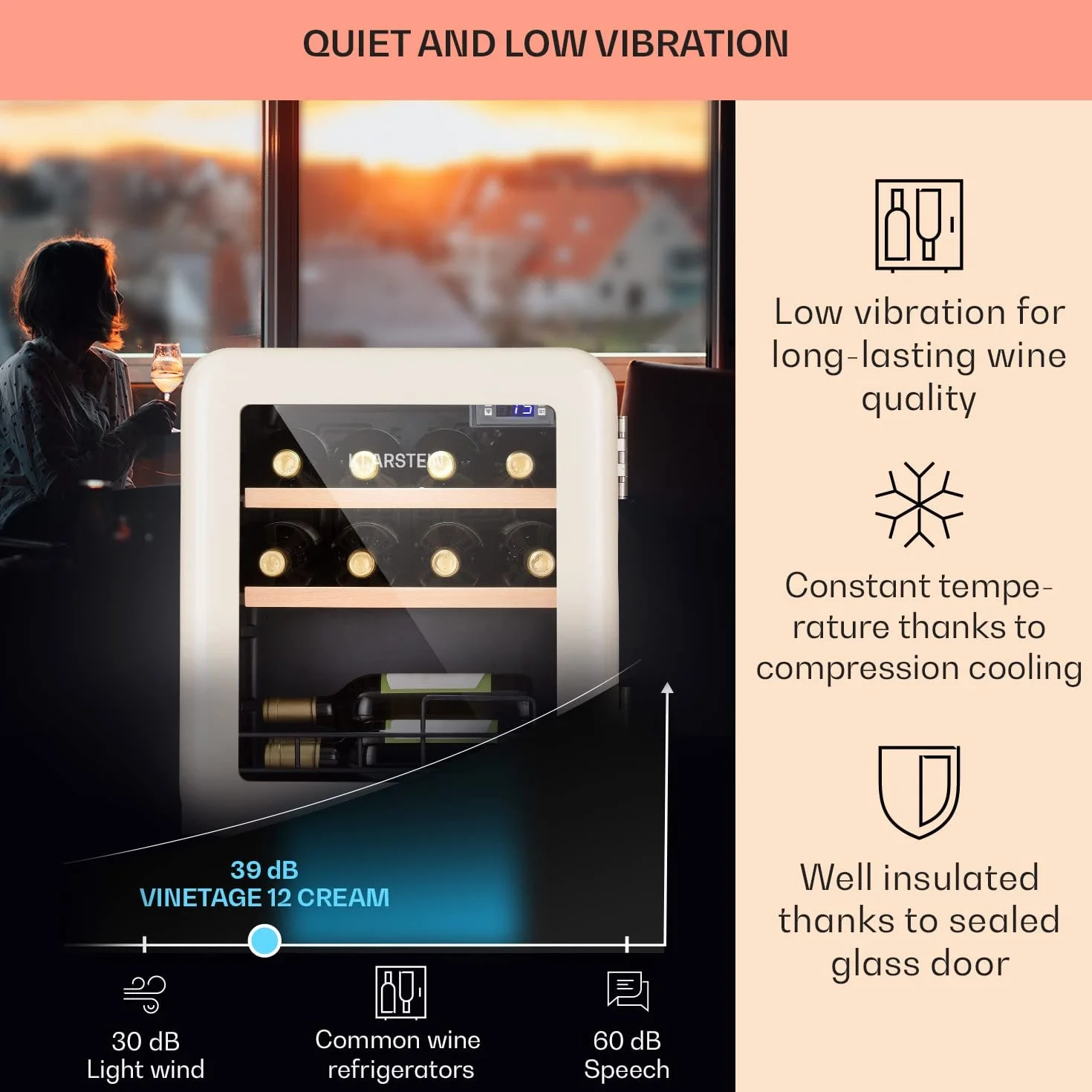 KLARSTEIN Vinoteca 12 Botellas, Nevera Vinos, Una Zona de Refrigeración, Nevera Expositora Vino y Cerveza, Vinoteca Interior y Exterior con Puerta de Cristal, Nevera Vino con Protección UV, 4-22°C