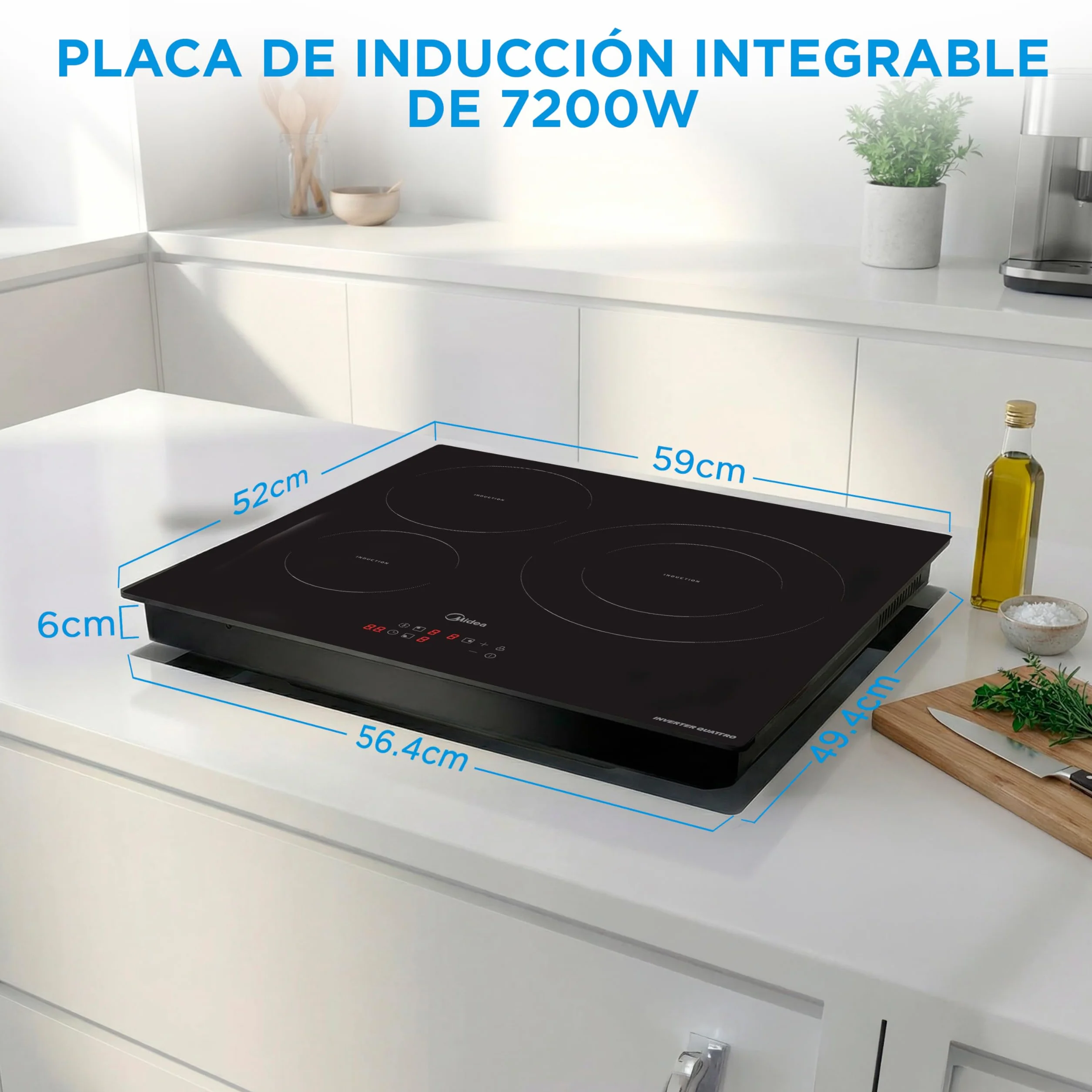 MIDEA Placa Inducción 3 fuegos 60 cm 7200 W - Vitroceramica Induccion Integrada con Panel de control tactil, Inverter quattro, 9 Niveles de Potencia, Booster, Indicador de Luz, y Temporizador.