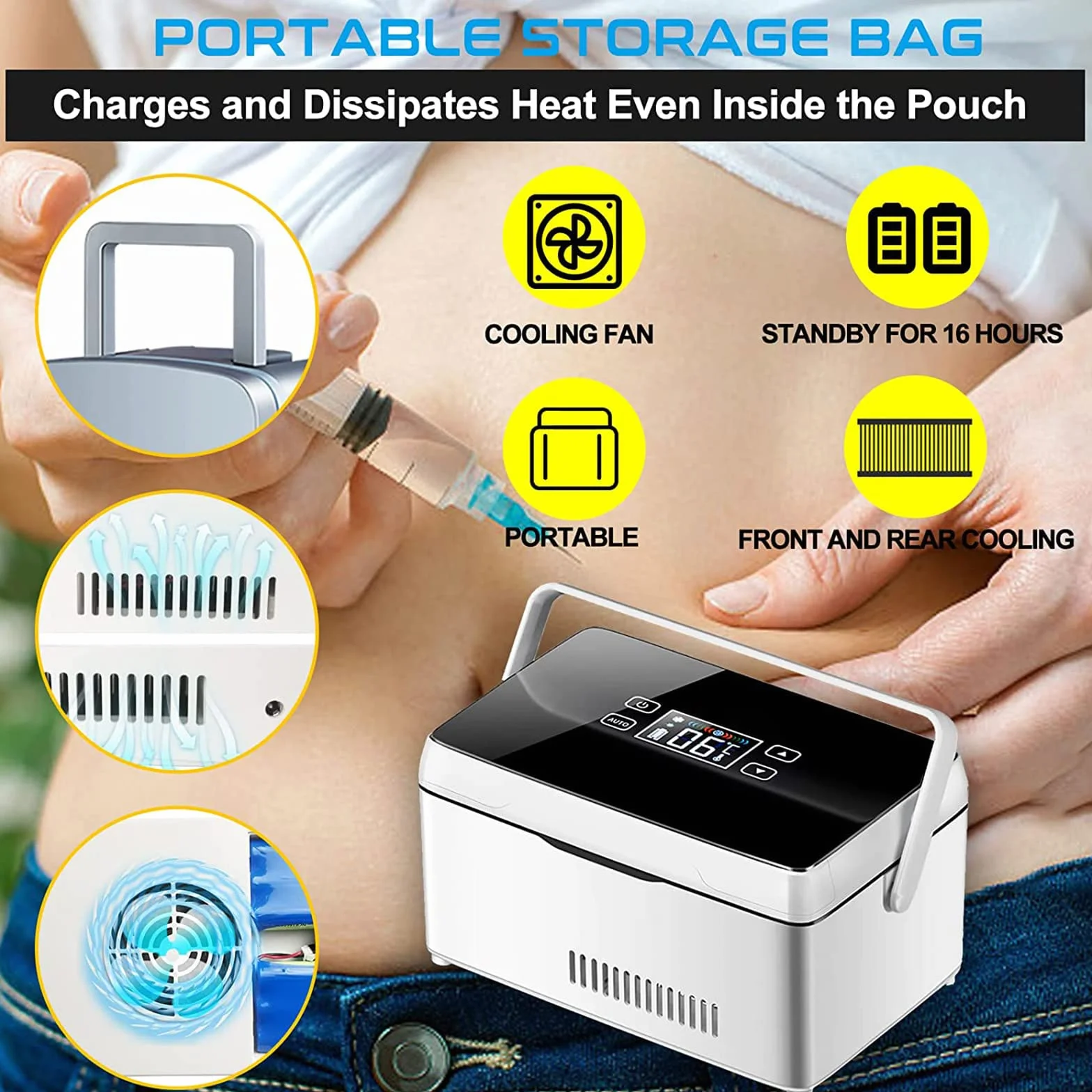Nevera portátil para insulina, Temperatura Constante 0-18℃ Mini Nevera para medicamentos, Tiempo de Trabajo Largo de 8 Horas, Mini Nevera para medicamentos con Pantalla LCD y 2 baterías