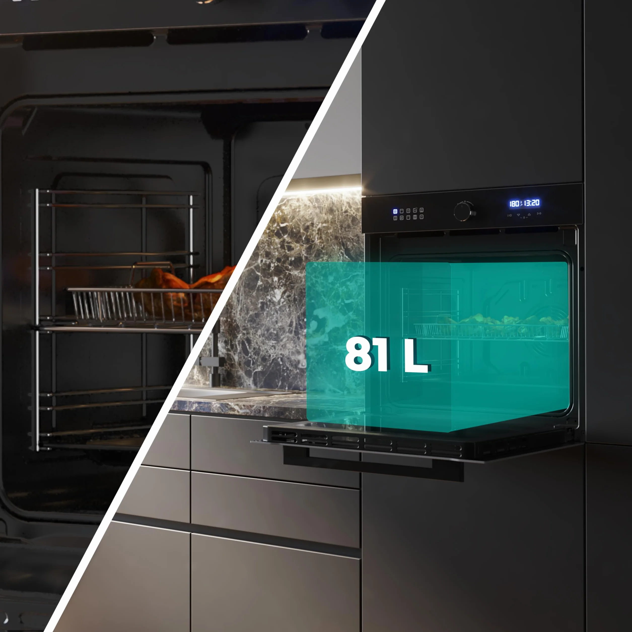 Cecotec Horno Integrable Multifunción 60cm Bolero Hexa AF316000 Glass Black A 3400W, 81L Capacidad, 11 Funciones con Airfryer Master, Pizza Master, Steam Asisst, Steam EasyClean, 3D Cooking, Defrost
