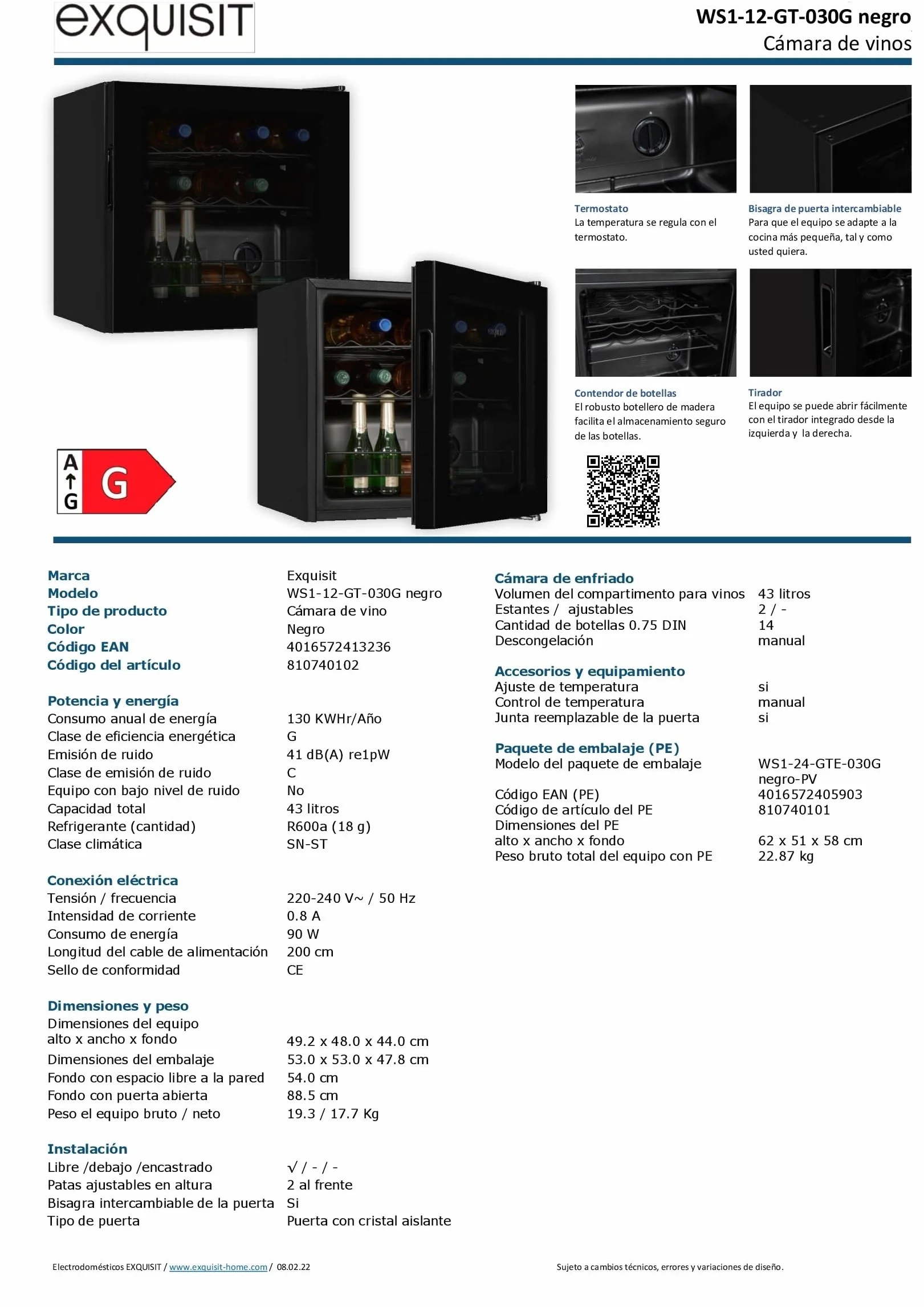Exquisit® Vinoteca, 12 Botellas, Clase G, Rango de Temperatura de 5ºC a 18ºC, 2 Estantes Metalicos, Tirador Integrado, Altura Regulable, Consumo 130 kWh/año, Medidas 49,2x48x44 Cm.