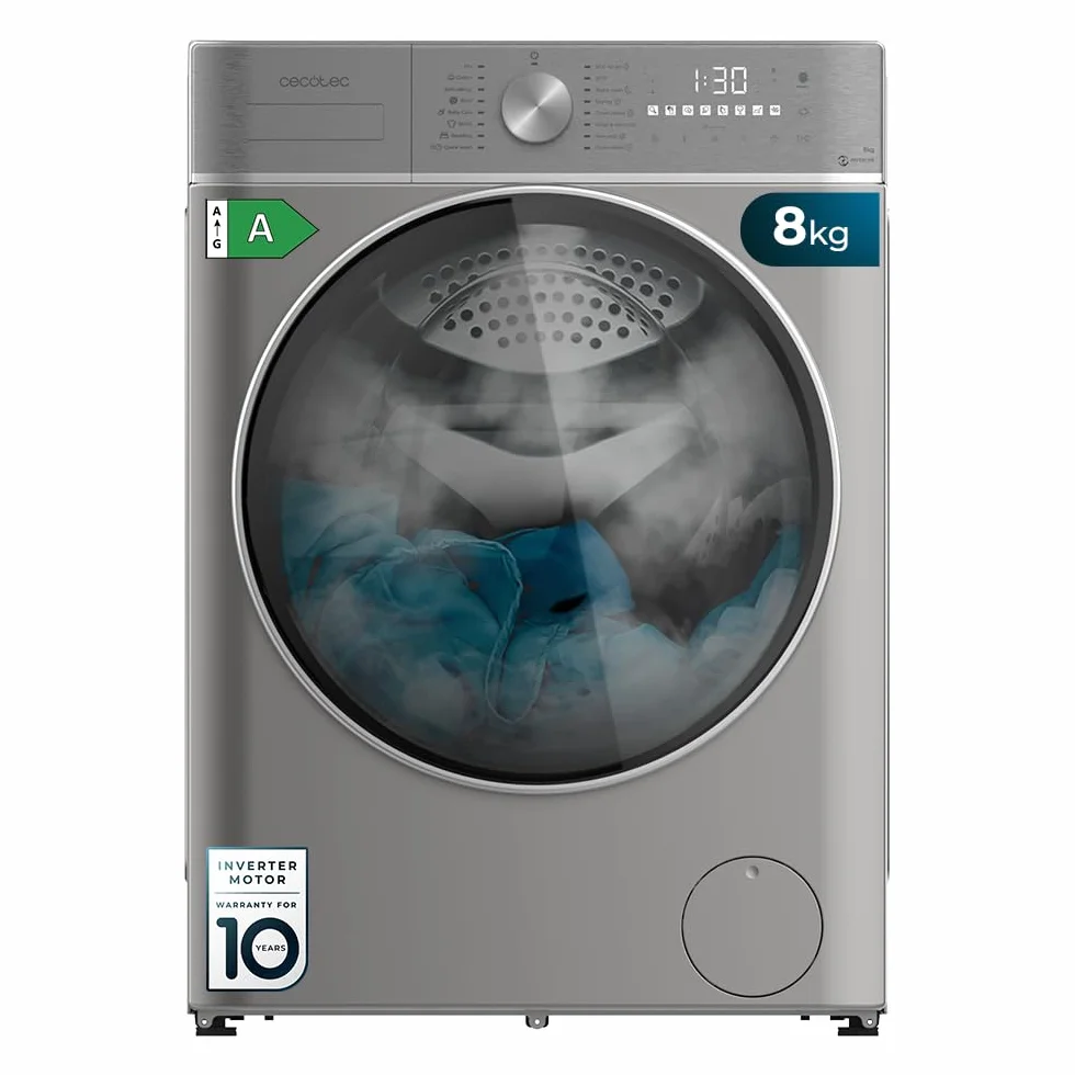 Cecotec Lavadora Secadora Carga Frontal 8Kg-5Kg Bolero Wash&Dry 8580 Inverter Steel B. 1400 rpm, 16 programas, Motor Inverter Plus, Clase A, Fuzzy Logic, Smooth Wash, SpaCare, Stain Match, Steel