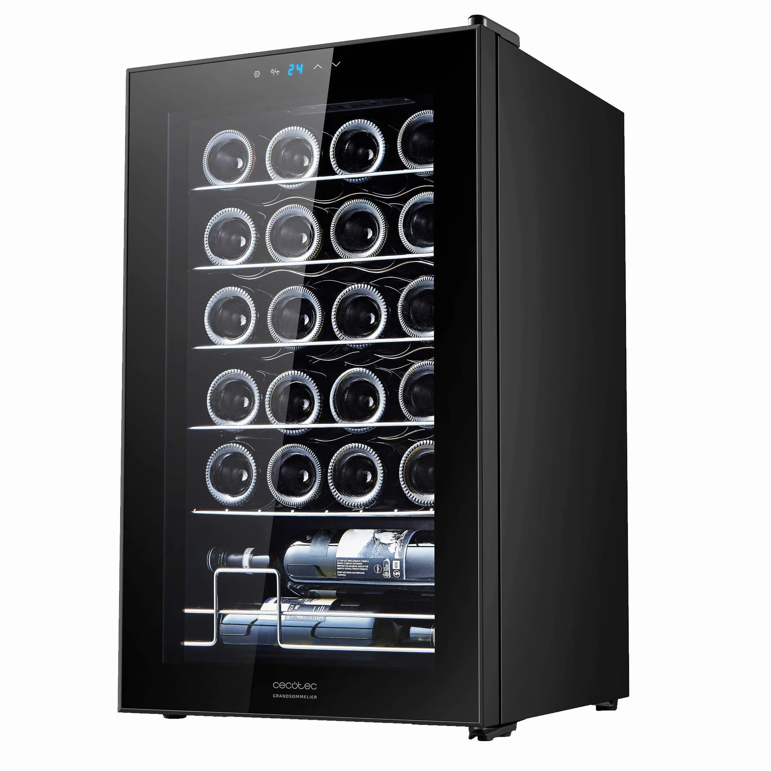 Cecotec Vinoteca 24 Botellas GrandSommelier 24000 Black. Compresor Silencioso, 5-18ºC, Control Táctil, Luz LED, Puerta Negra, Estantes Inox, Eficiencia Energética Clase G