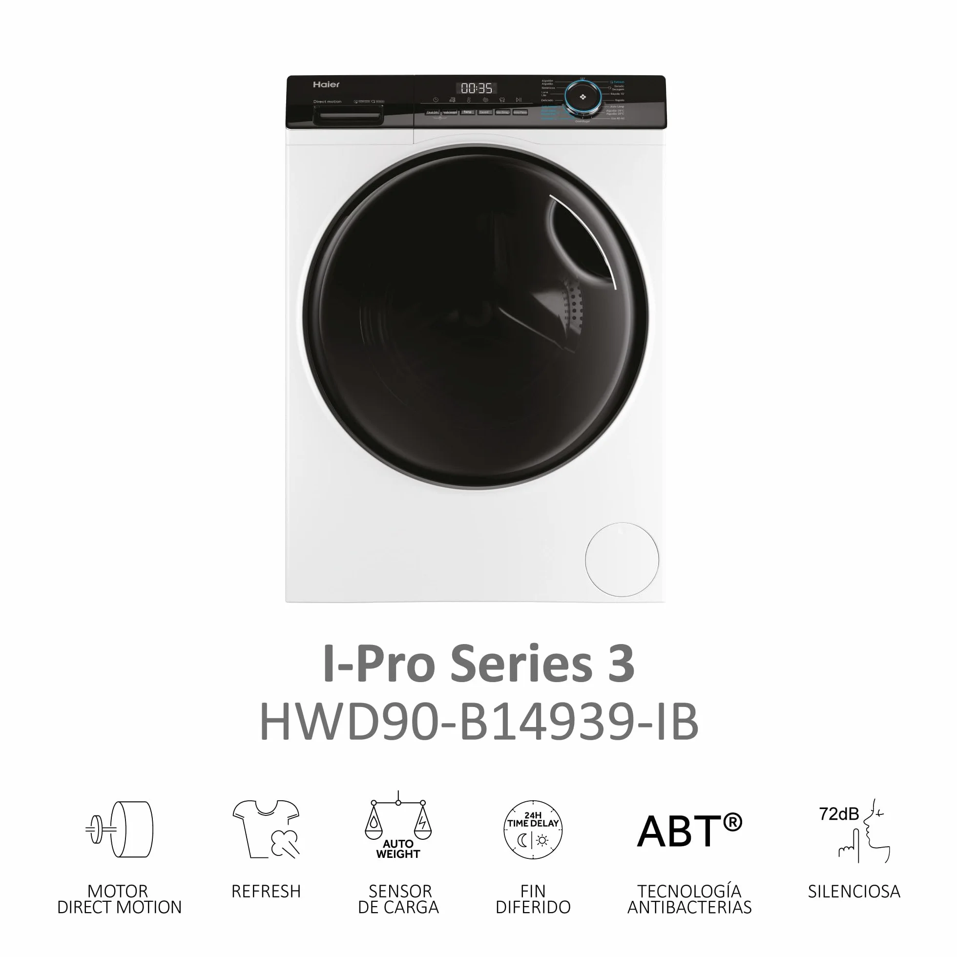 Haier I-Pro Series 3 HWD90-B14939-IB - Lavadora Secadora, Capacidad 9 kg + 6 kg, Motor Direct Motion, ABT, Refresh, Fin Diferido, Detector Kg, Libre Instalación, 60CM Ancho, 1400 RPM, Blanco