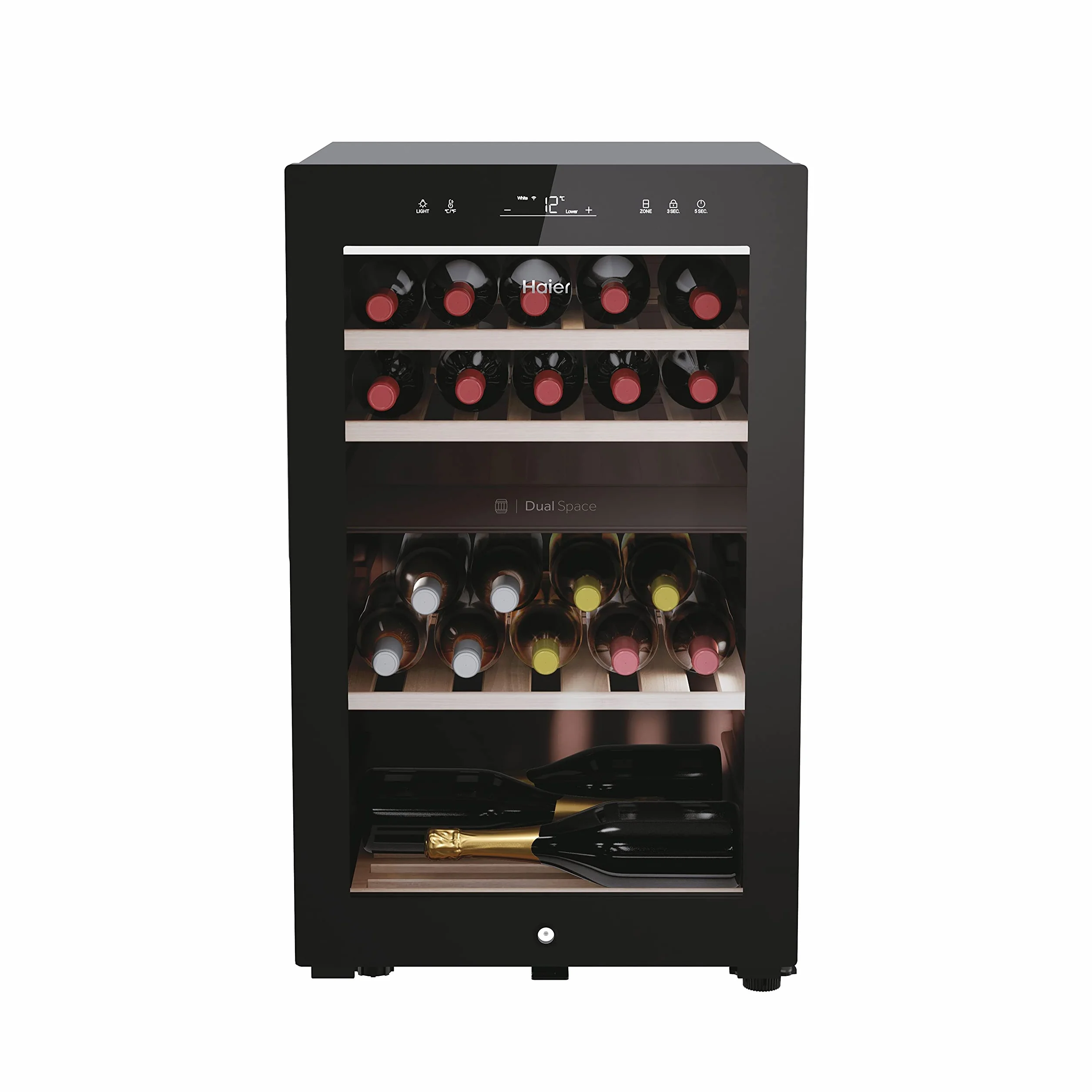Haier Wine Bank 50 Series 7 HWS42GDAU1- Vinoteca de 42 botellas, Estantes de madera, Filtro Anti-UV, Filtro de carbón, Refrigeración por Compresor, Display Digital, Iluminación LED, Silenciosa 37 dbA