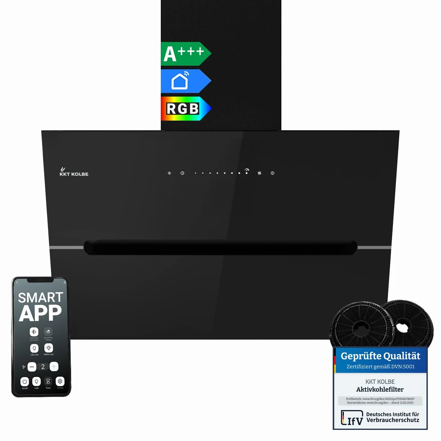 KKT KOLBE campana extractora de 60 cm | 782 m³/h Descarga de ingresos de urinación | Sin cabeza | Montado en pared | Vidrio negro | Smart WiFi App WLAN | Iluminación LED RGB | EC6005SM