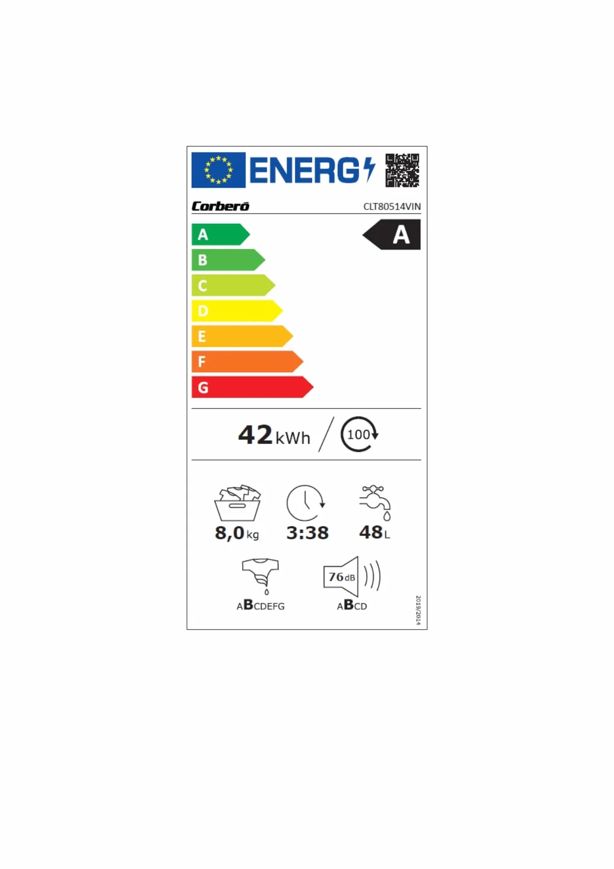 Corberó Lavadora Carga Frontal CLT80514VIN 8 Kg 1400 RPM Inverter 16 Programas Vapor Antialérgica Blanco