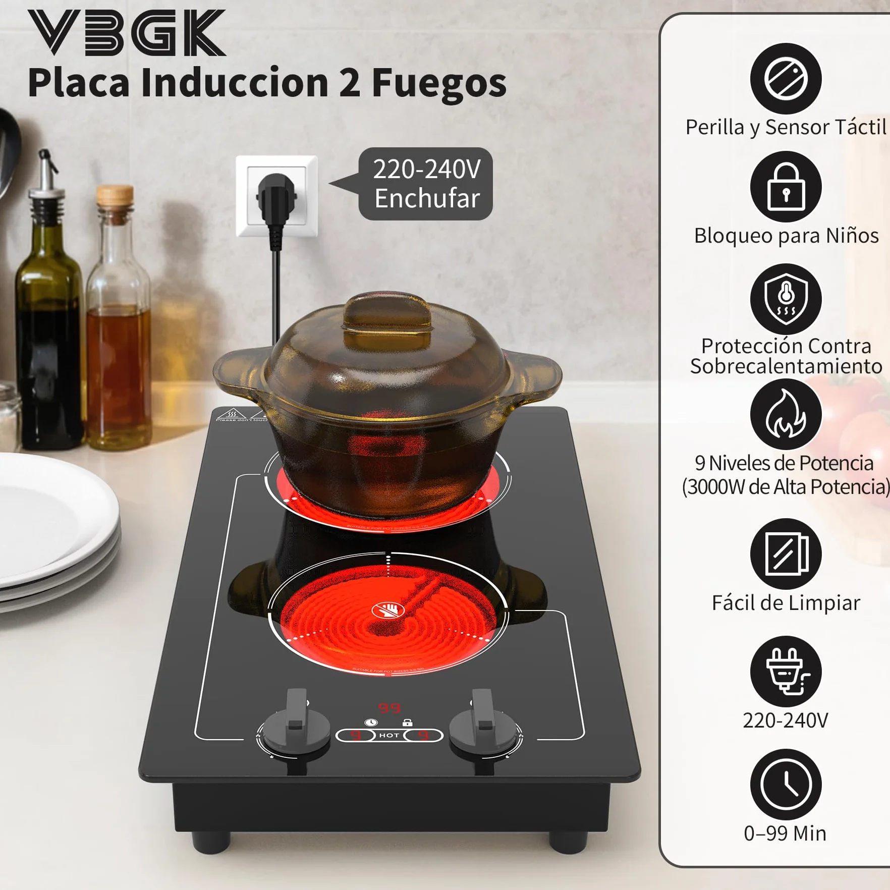 Placa Vitroceramica 2 Fuegos 220V 3000W Portatil con Enchufe, 9 Niveles, Bloqueo Infantil, Temporizador